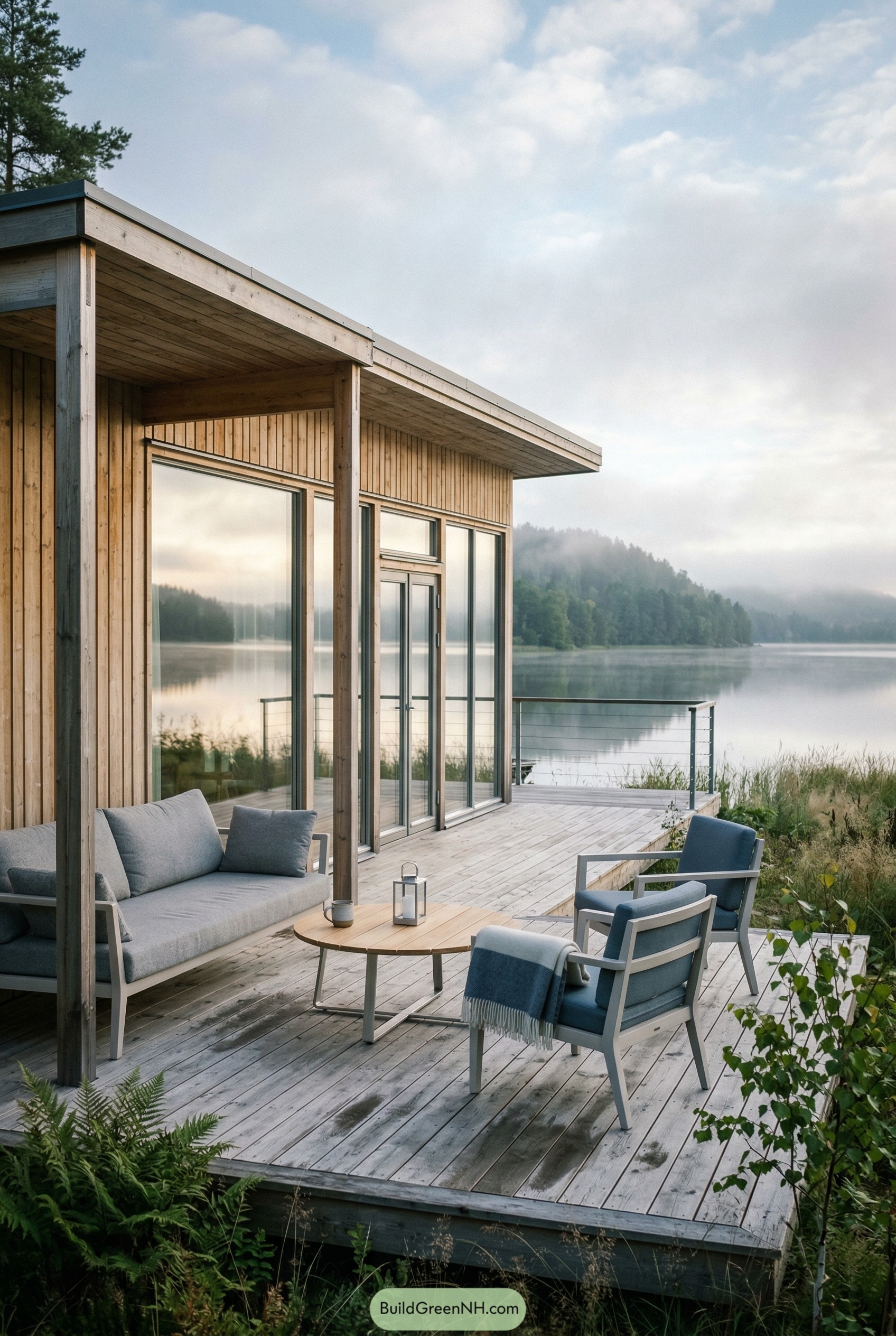 Covered wood deck seating beside a misty lake