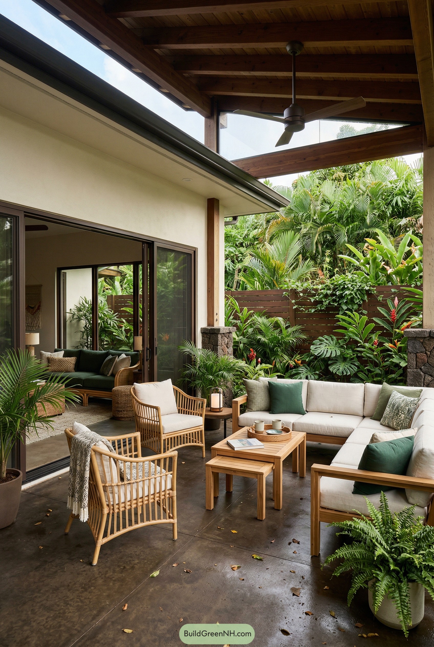 Covered patio with teak seating and tropical plants
