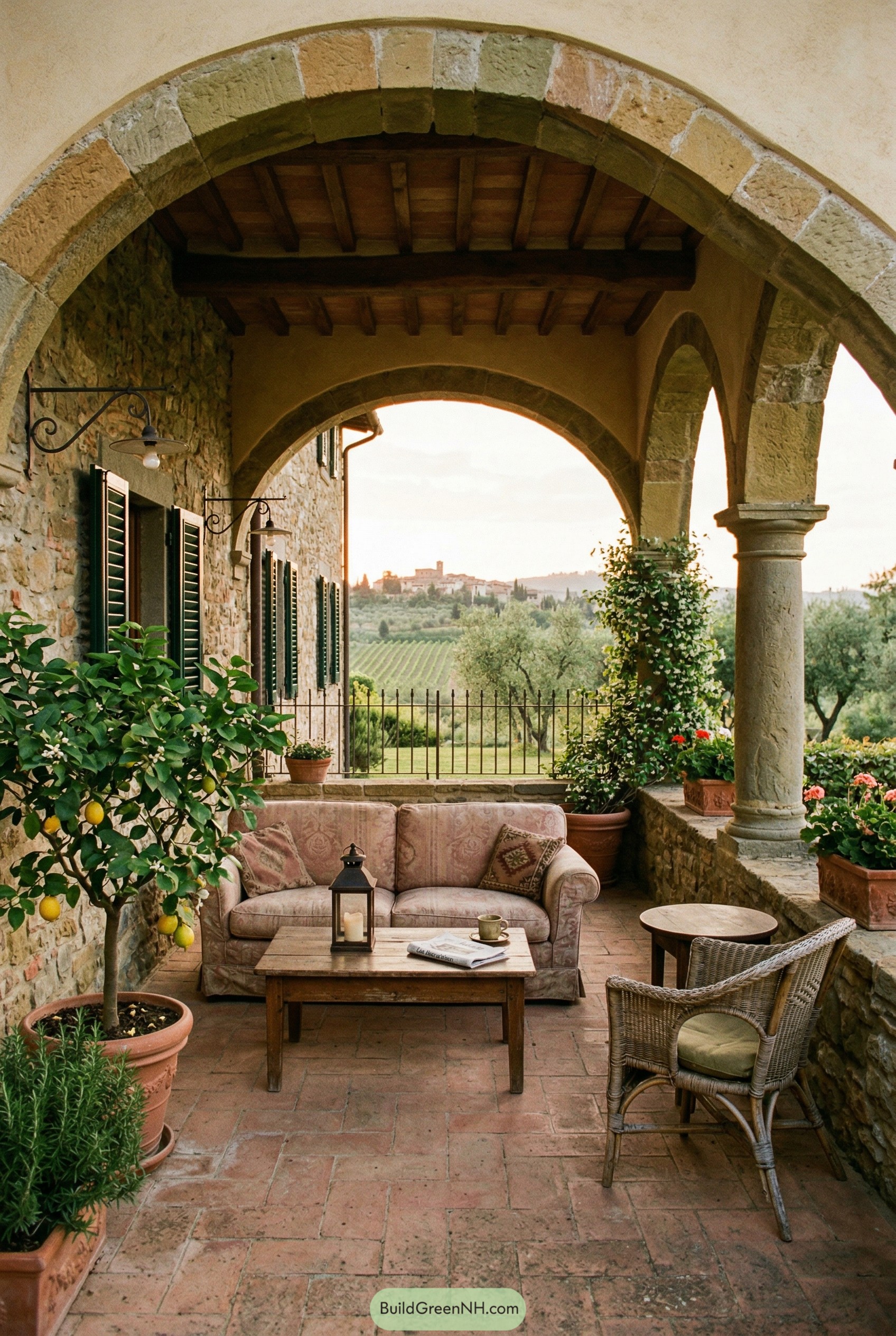 Arched stone loggia with sofa and vineyard view