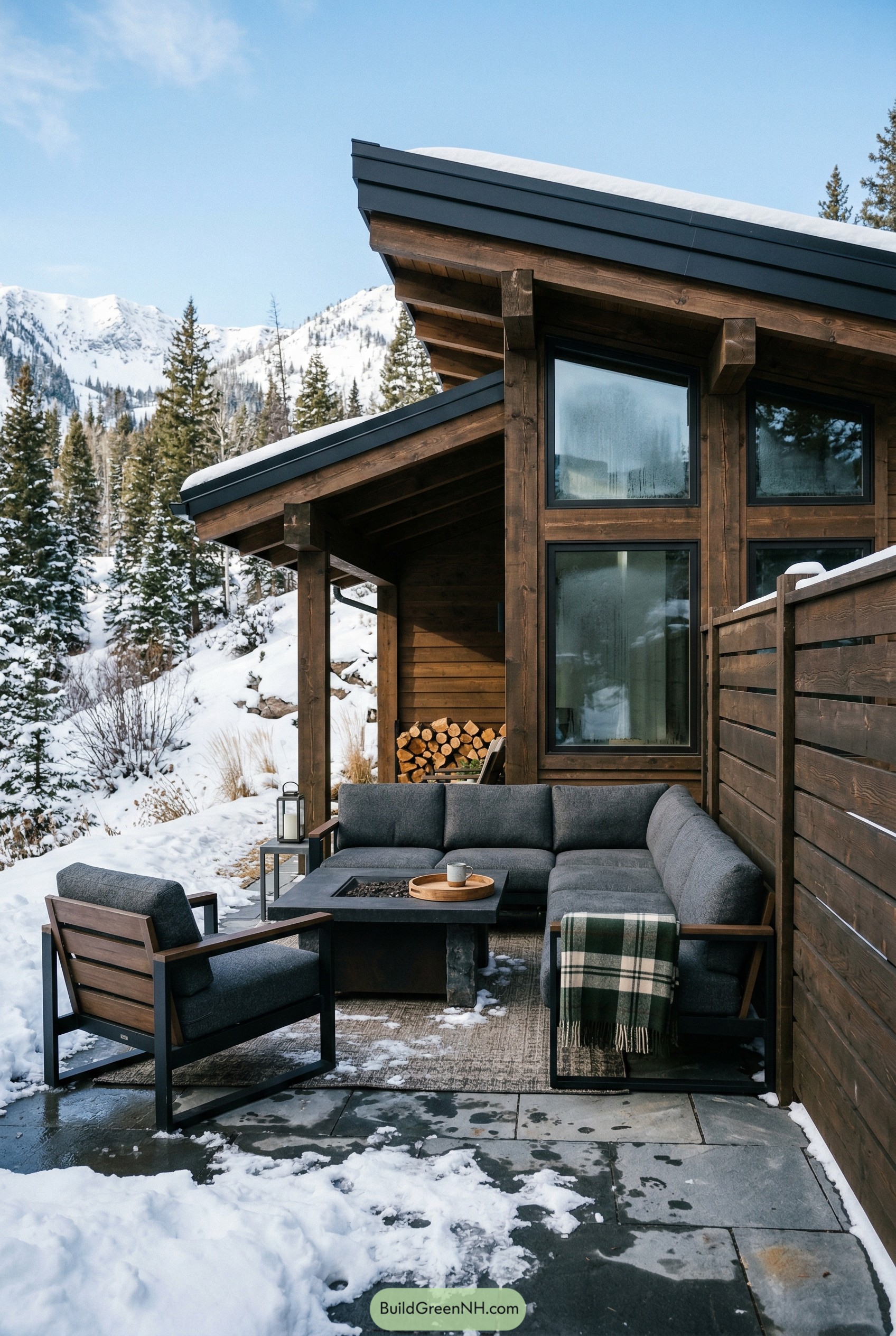 Snowy cabin patio with sectional fire table
