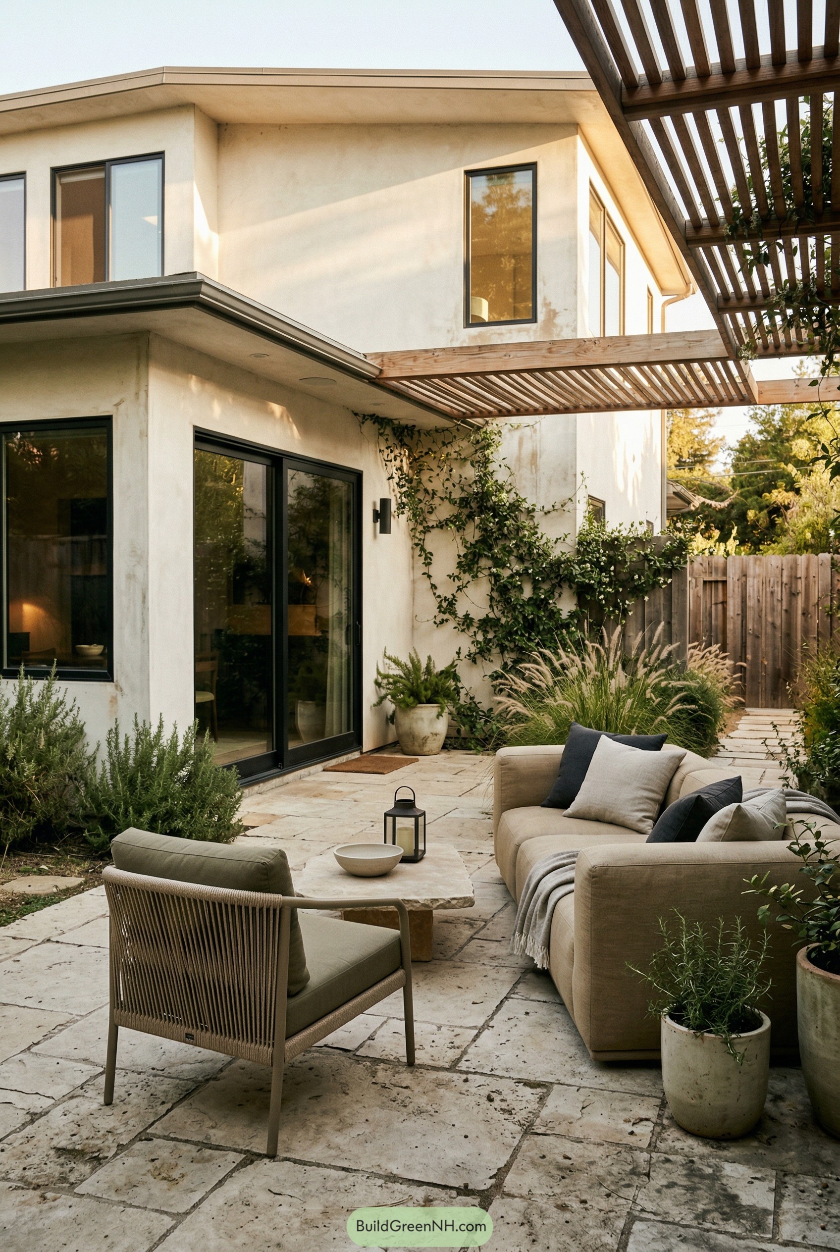 Stone patio lounge with pergola and sofa