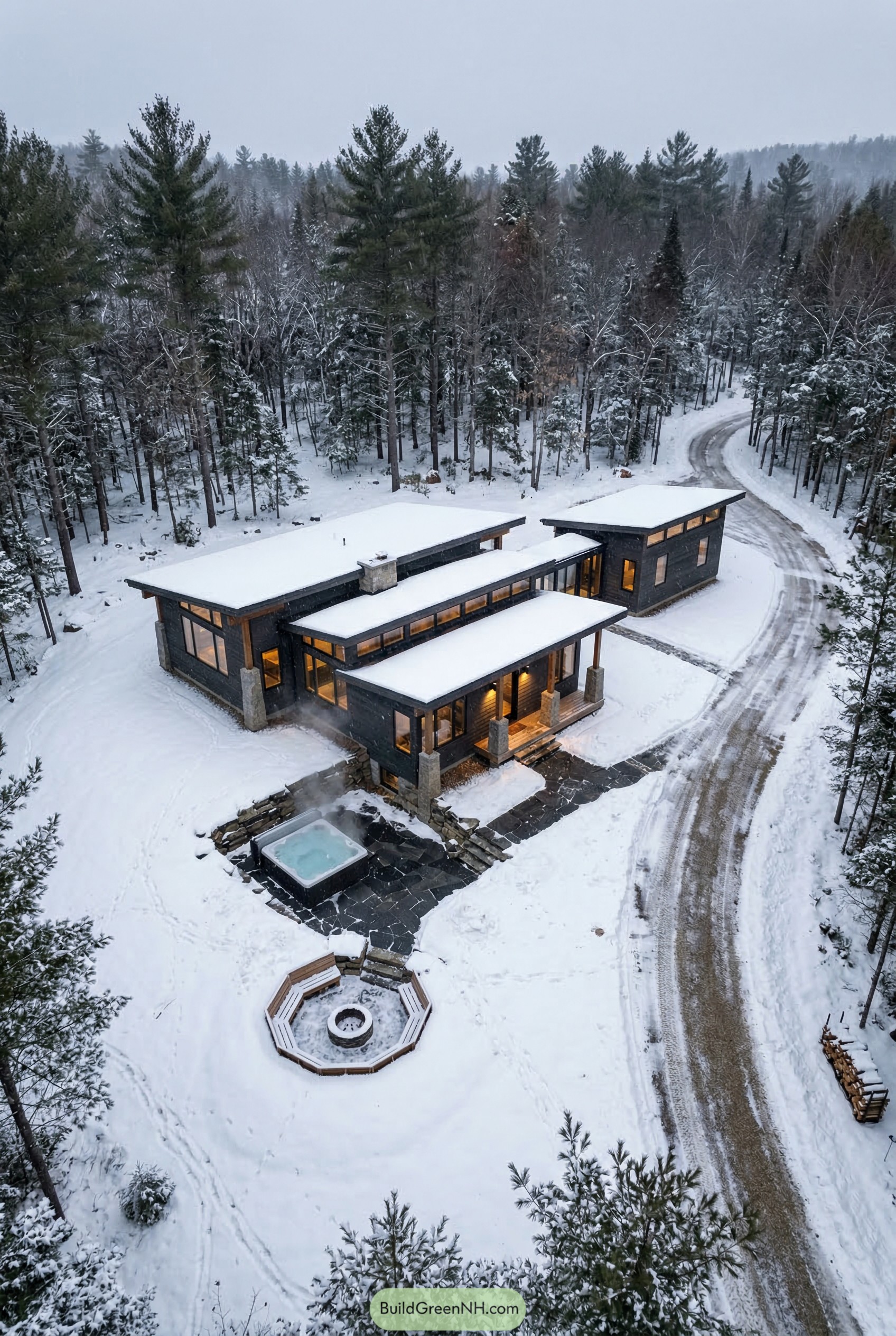 Modern dark home in snowy pines with hot tub