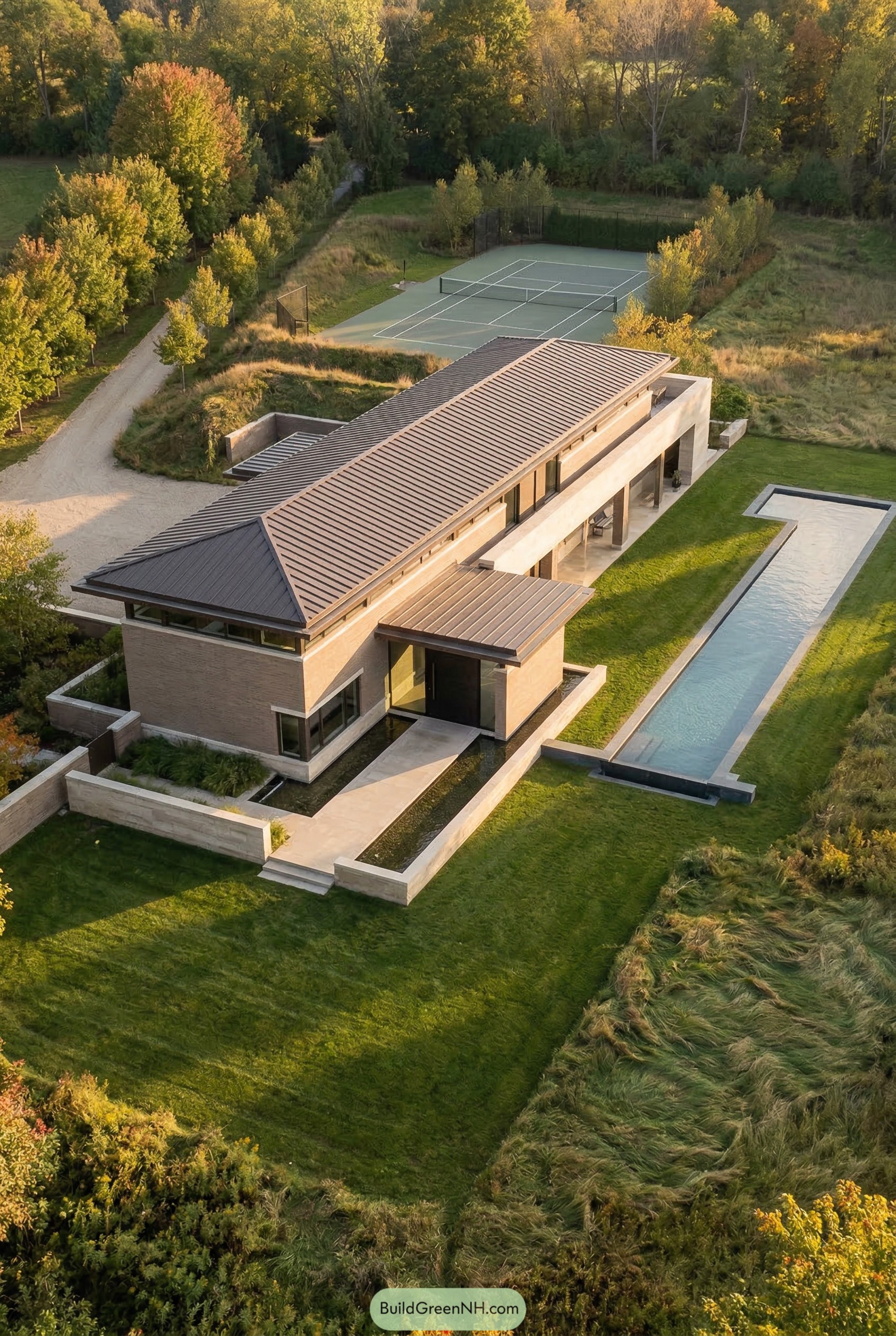 Aerial view of a long modern house with lap pool and tennis court