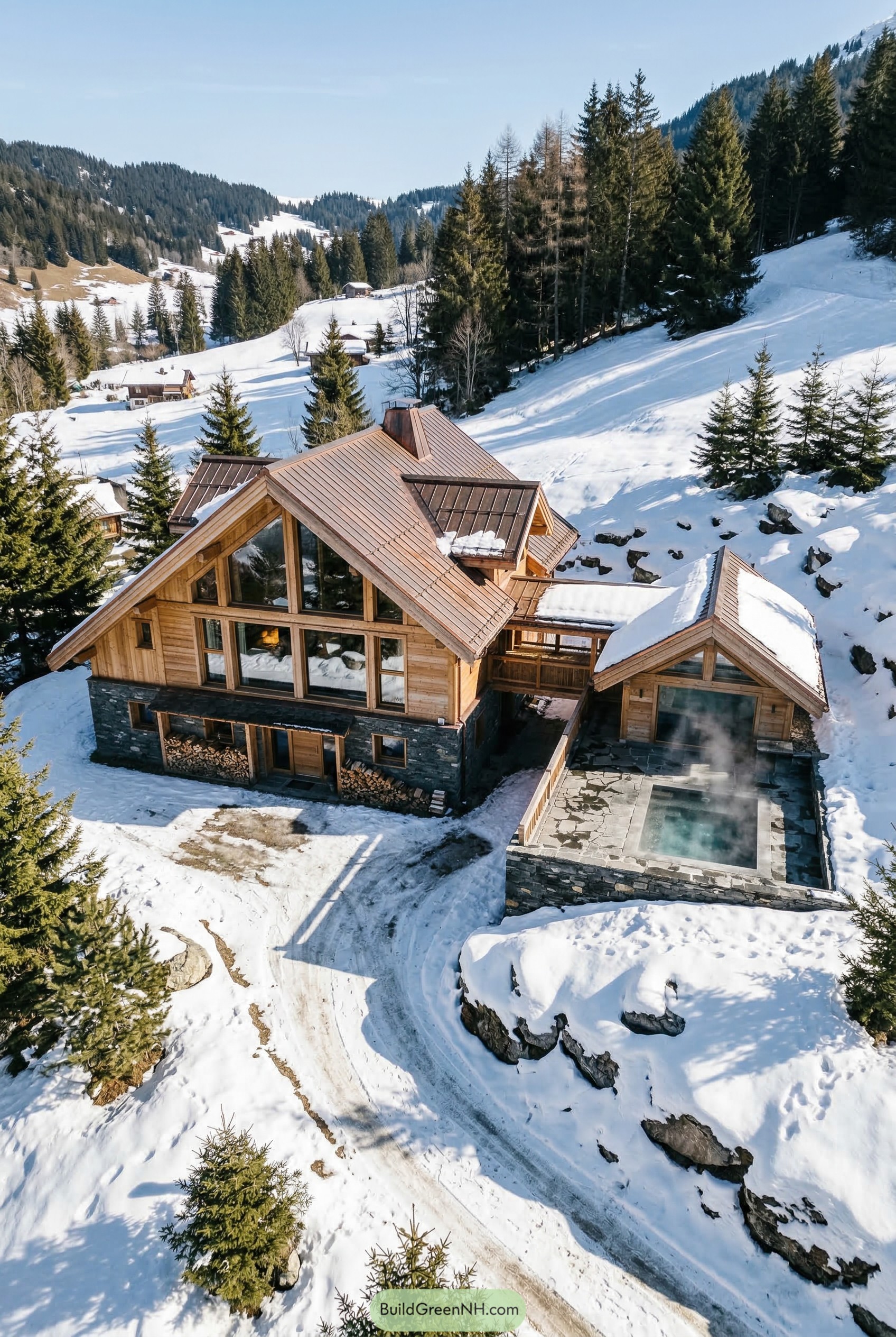 Timber chalet with hot pool in snowy hills