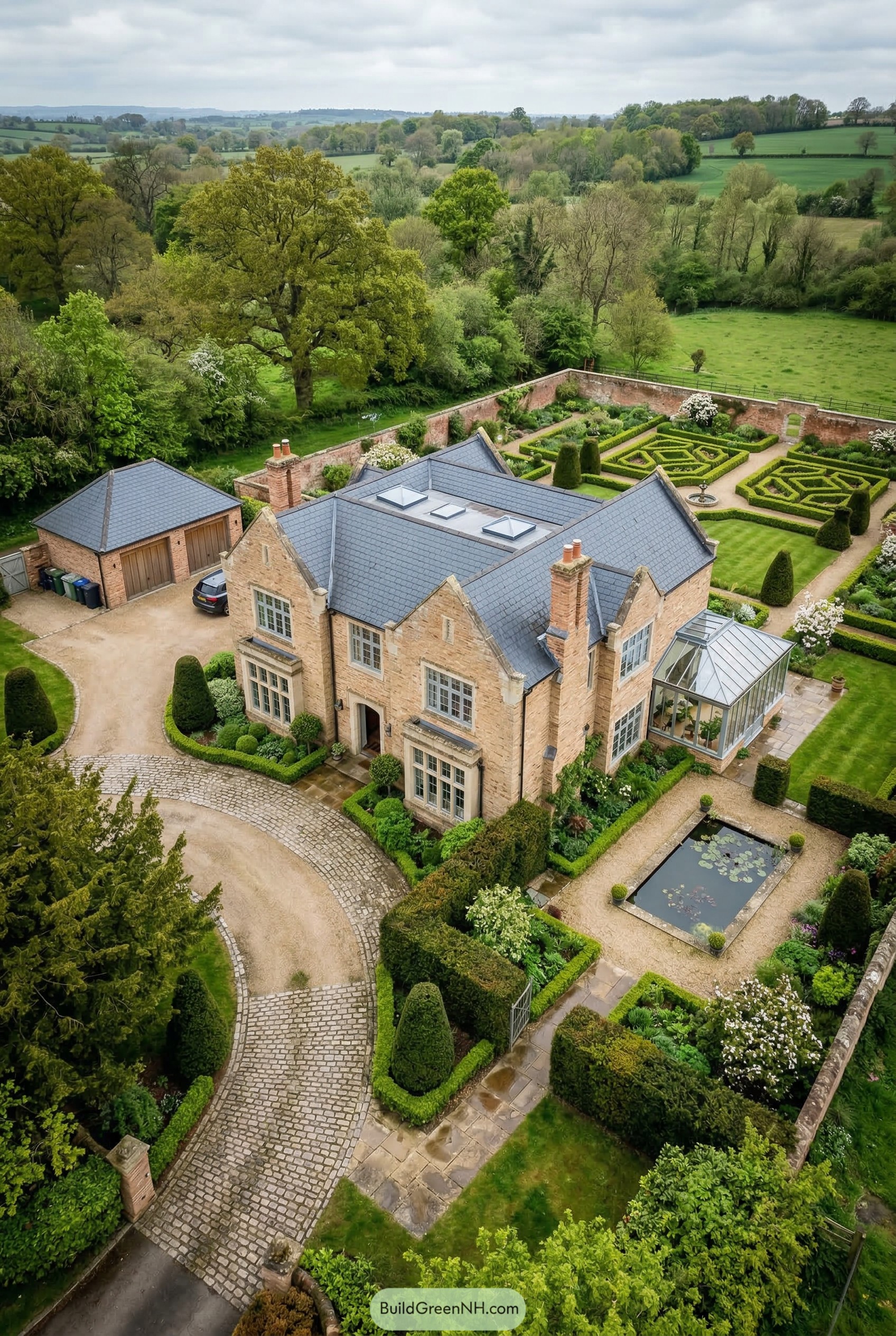 Stone manor with walled formal garden
