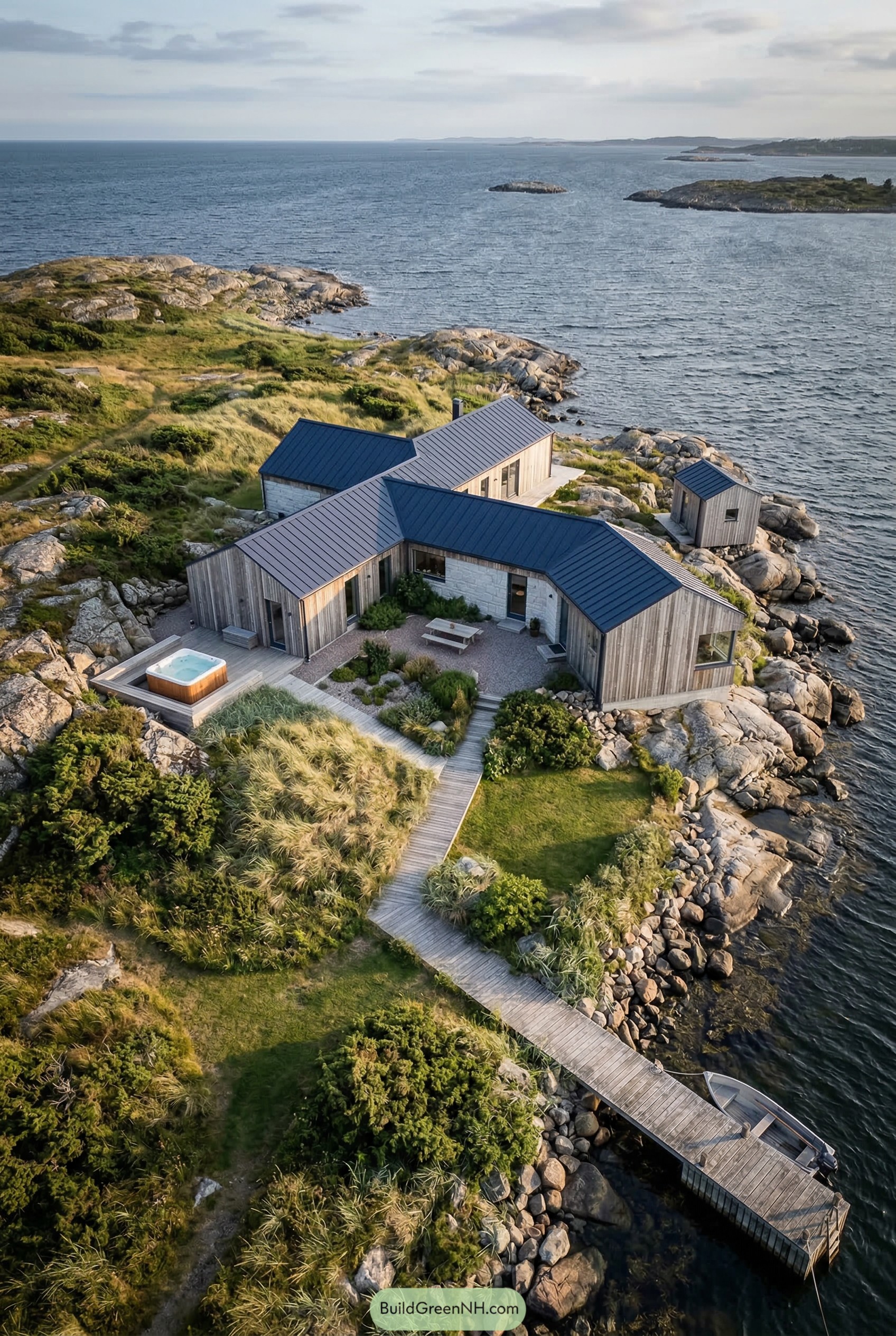 Wood clad coastal home on rocky shoreline with dock