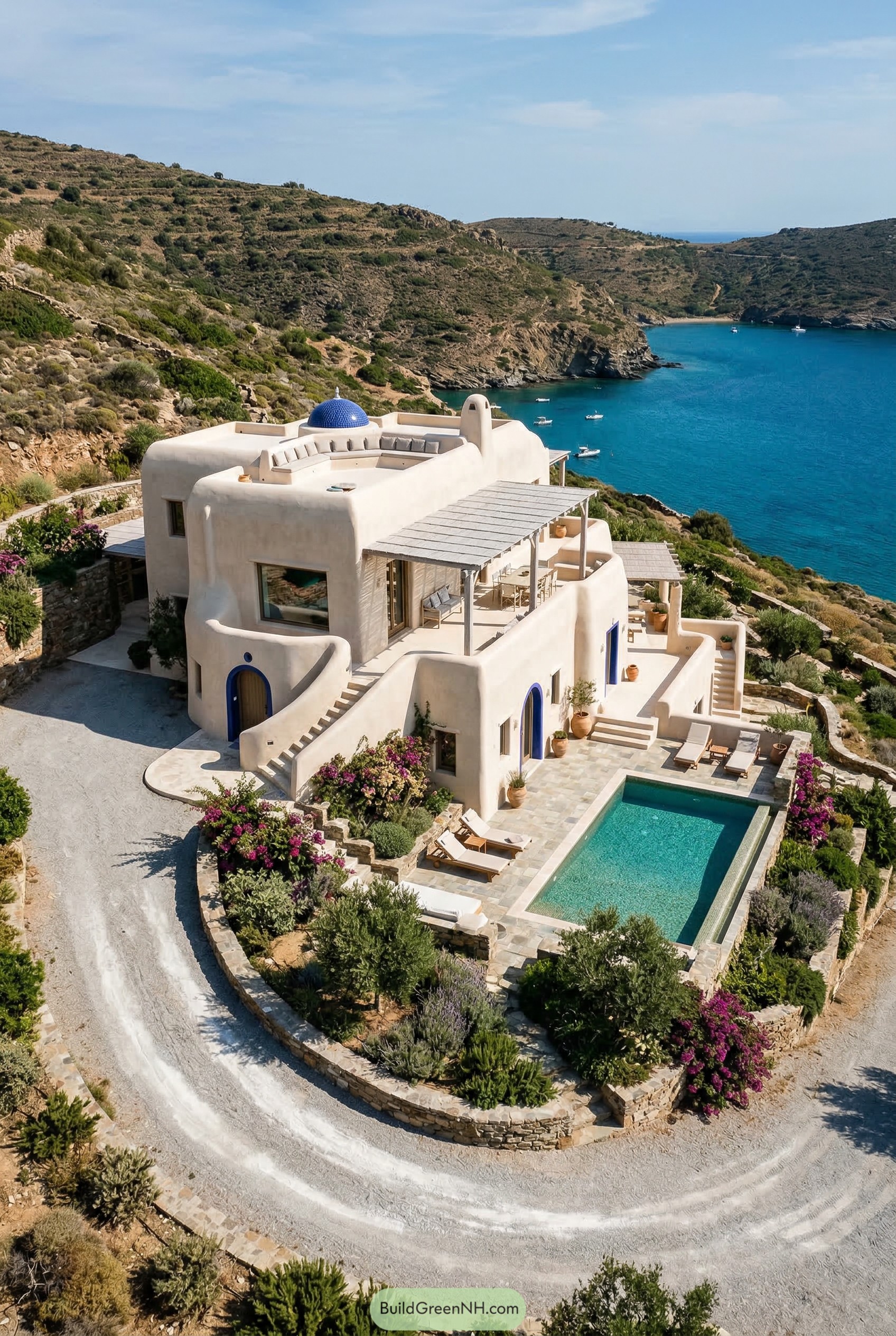 White stucco villa with pool above a turquoise bay