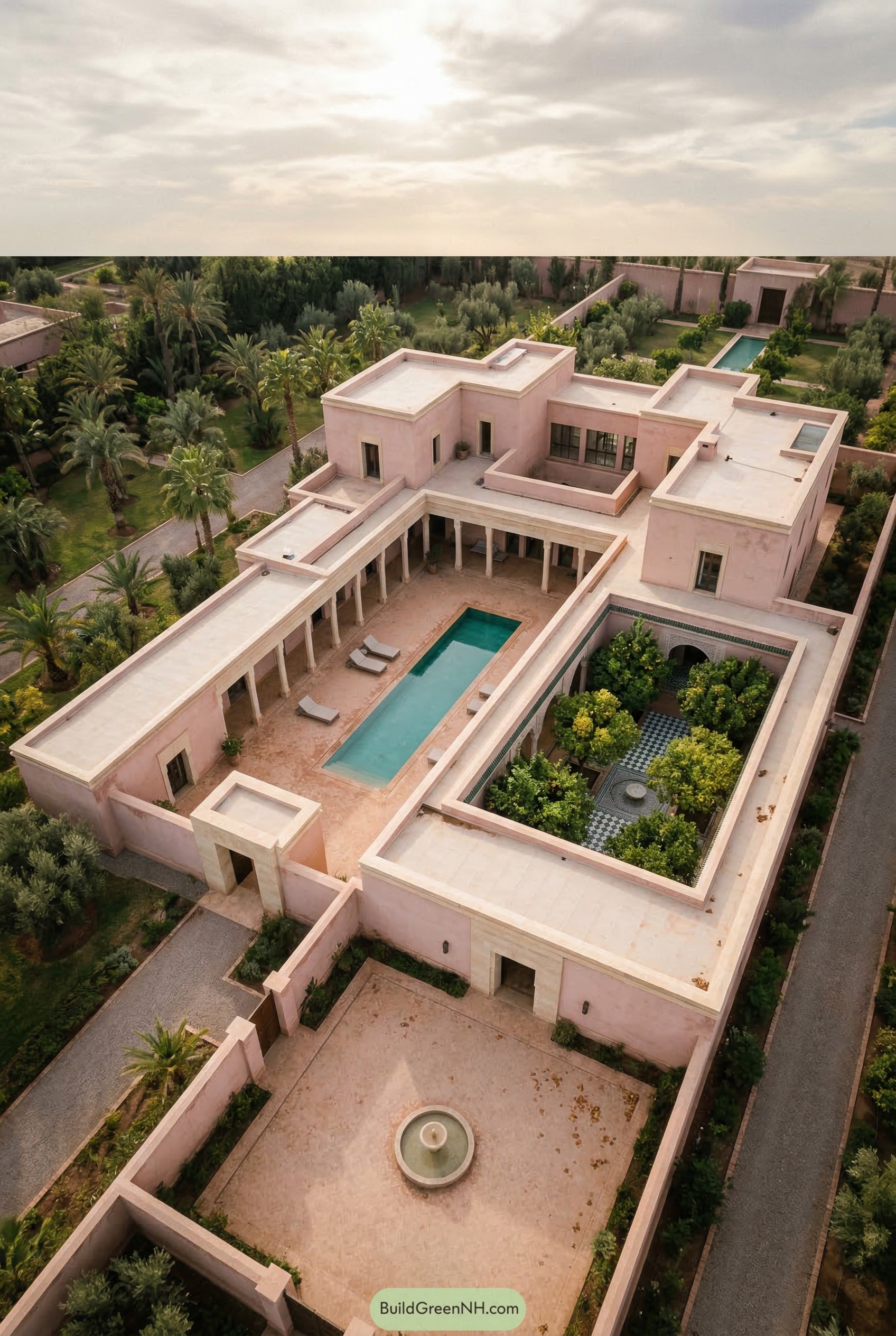 Aerial view of a pink courtyard villa with pool and garden