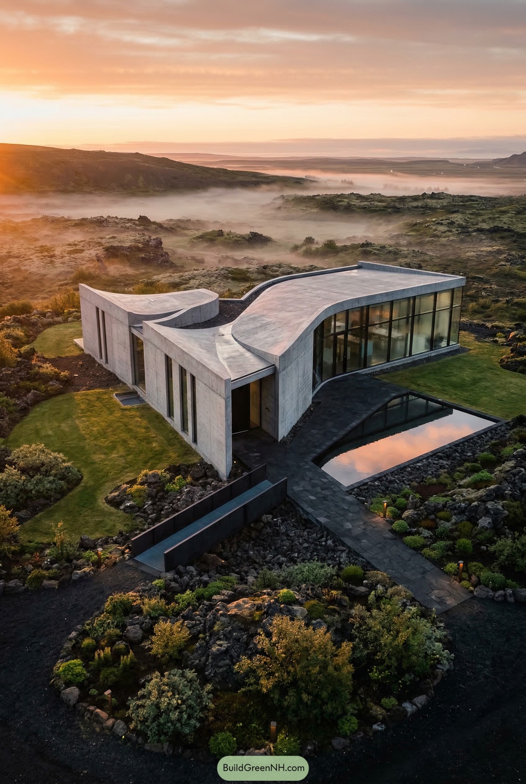 Curved concrete house with reflecting pool in misty lava field
