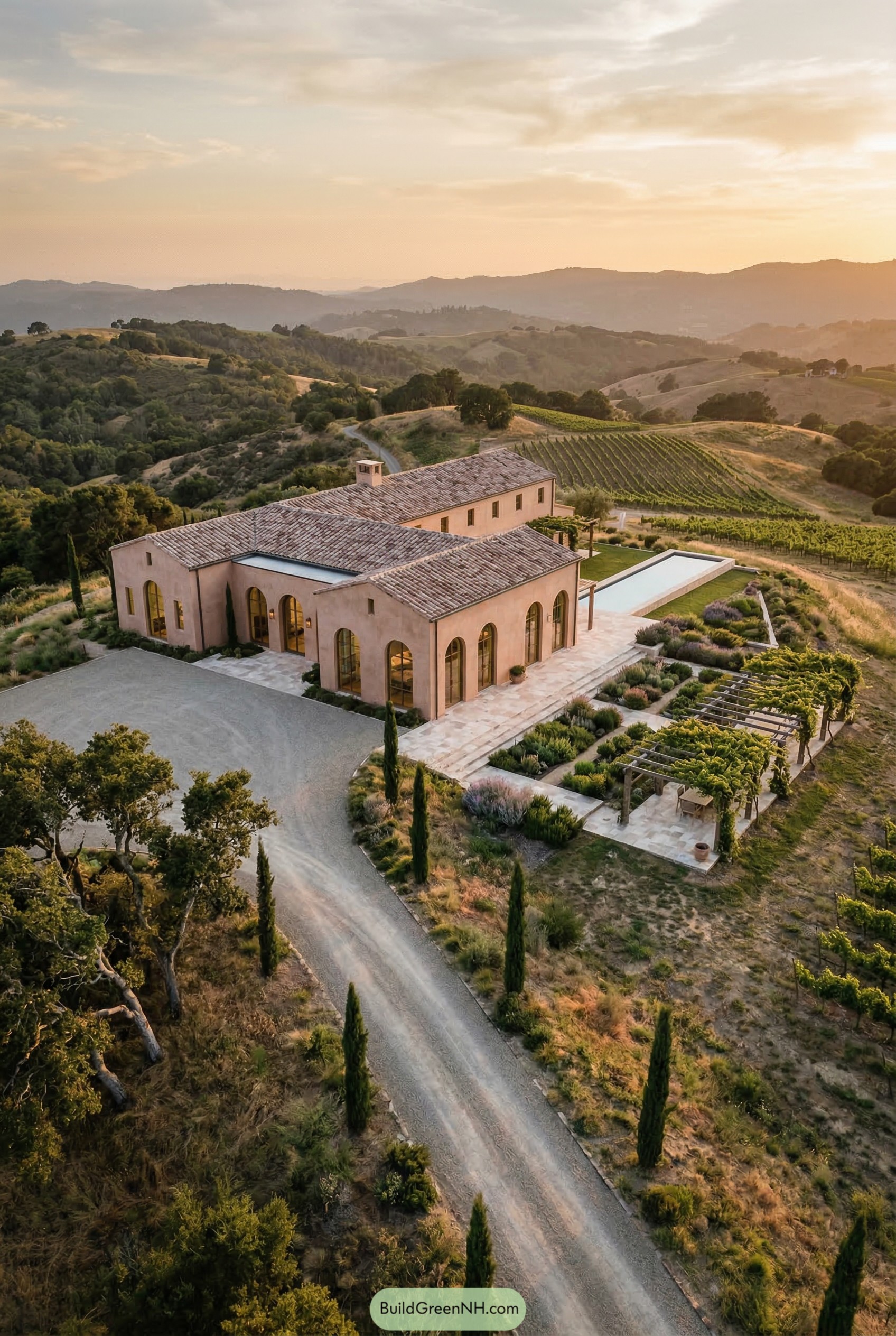Hilltop stucco villa beside vineyards and pool