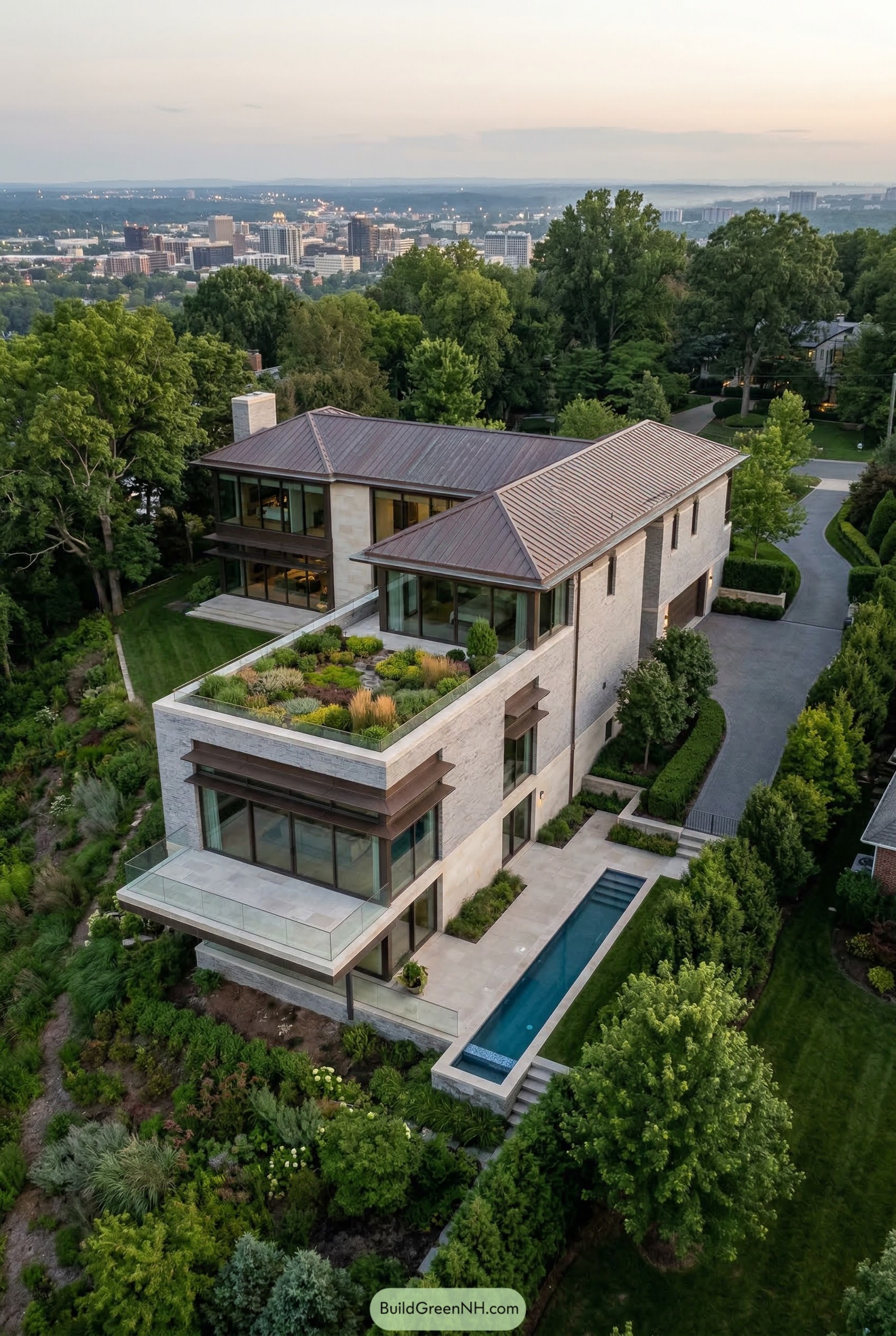 Modern hillside home with rooftop garden and lap pool