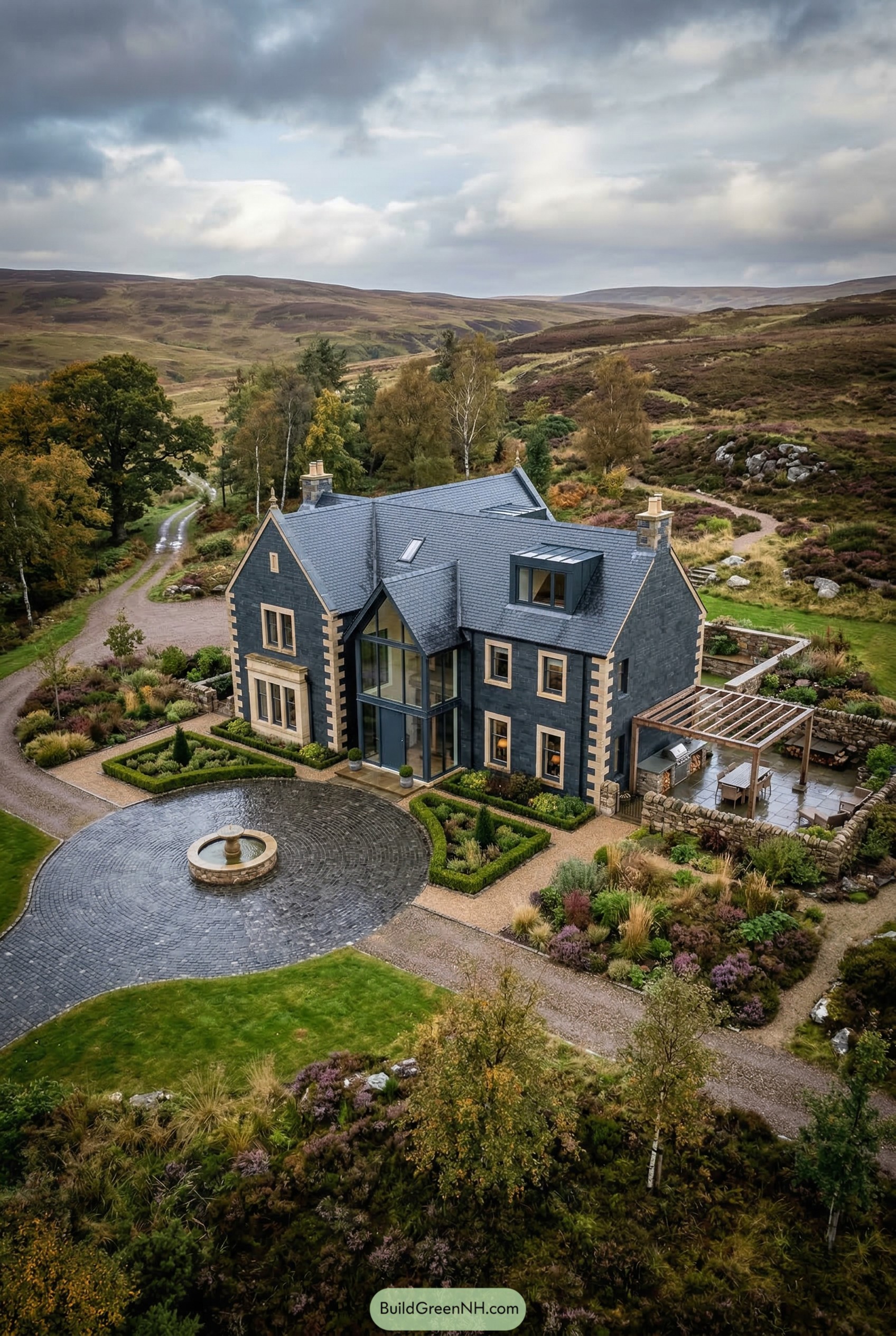 Stone manor with fountain and moorland views