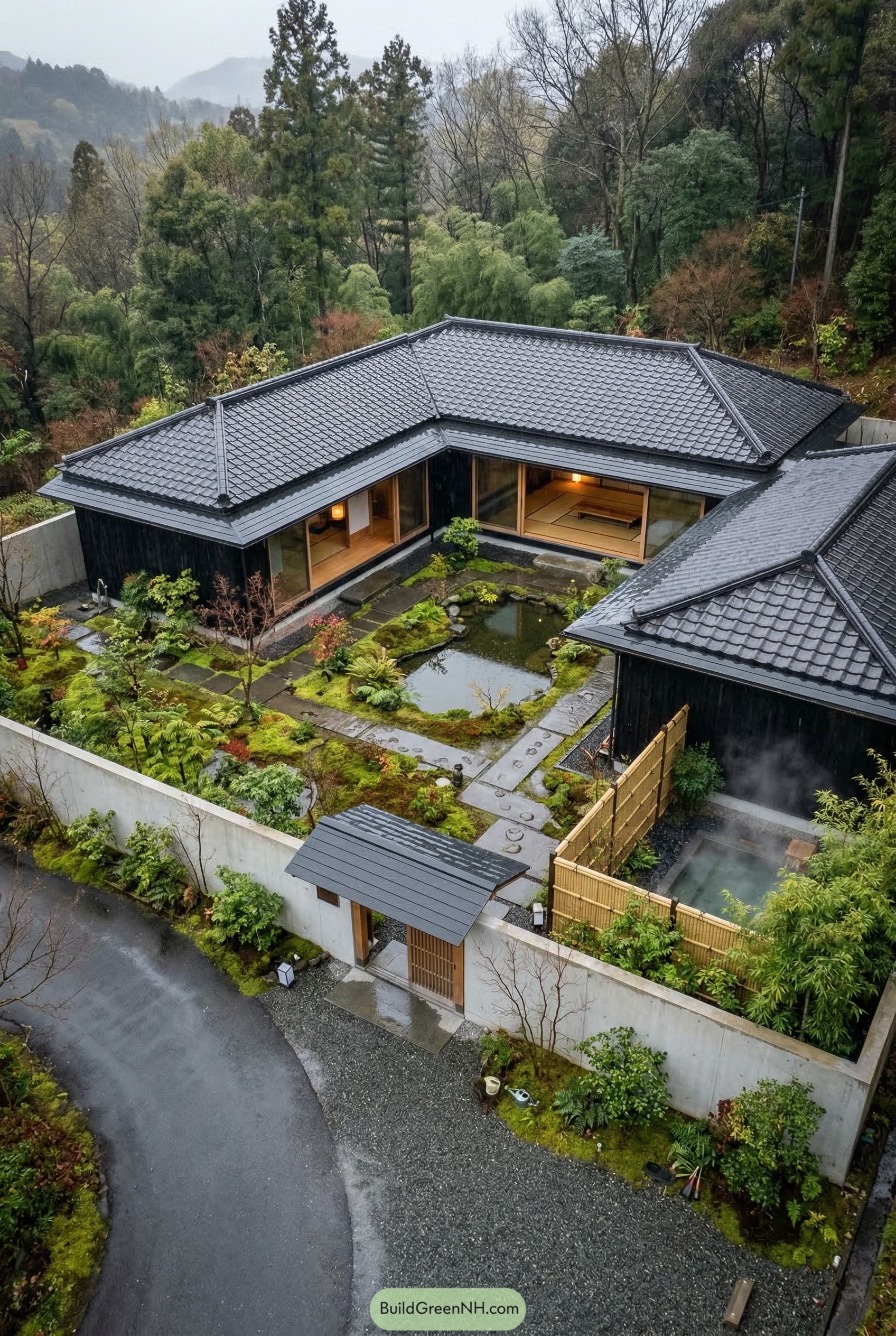 Walled Japanese home with pond courtyard