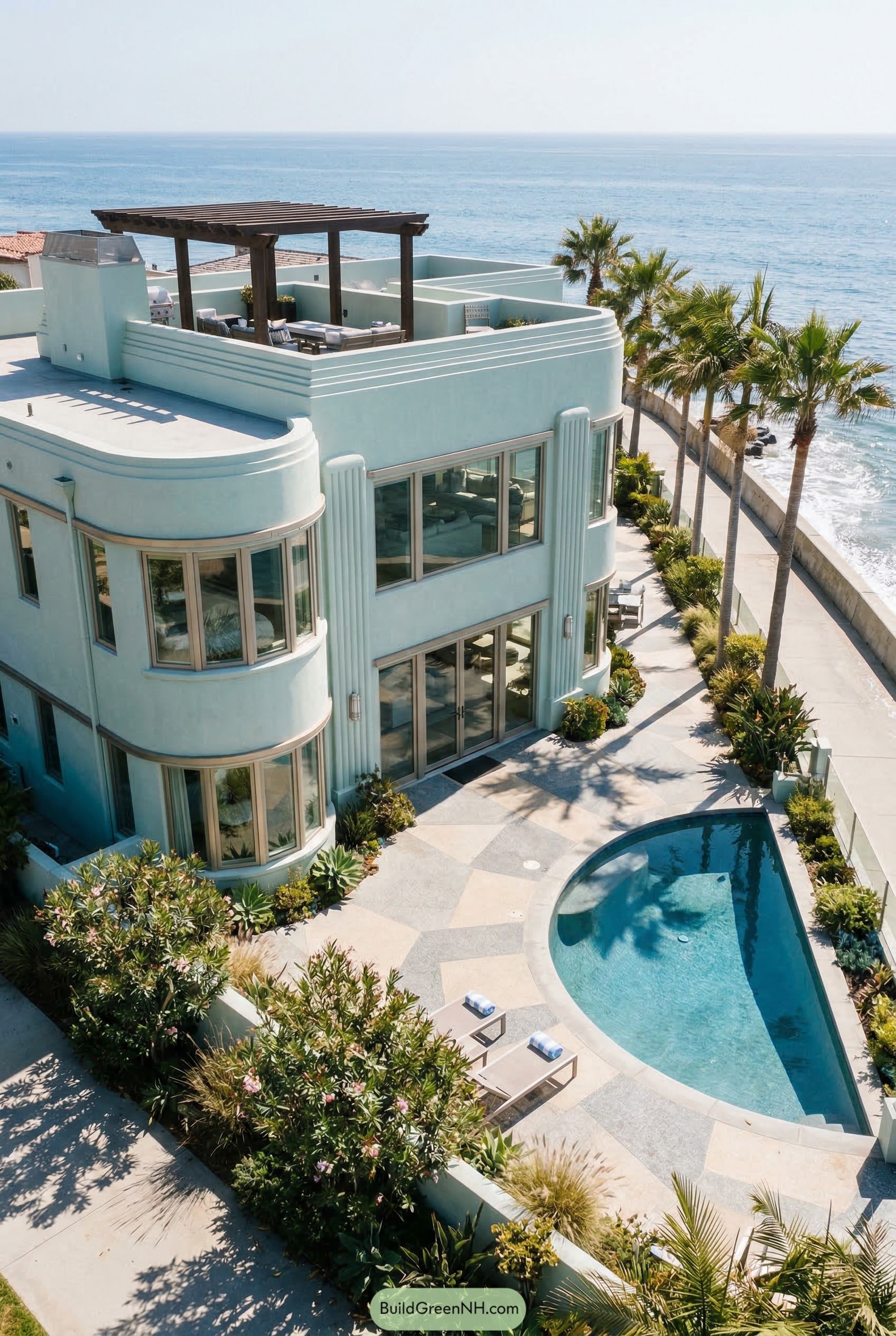Pale blue beachfront house with rooftop terrace and pool