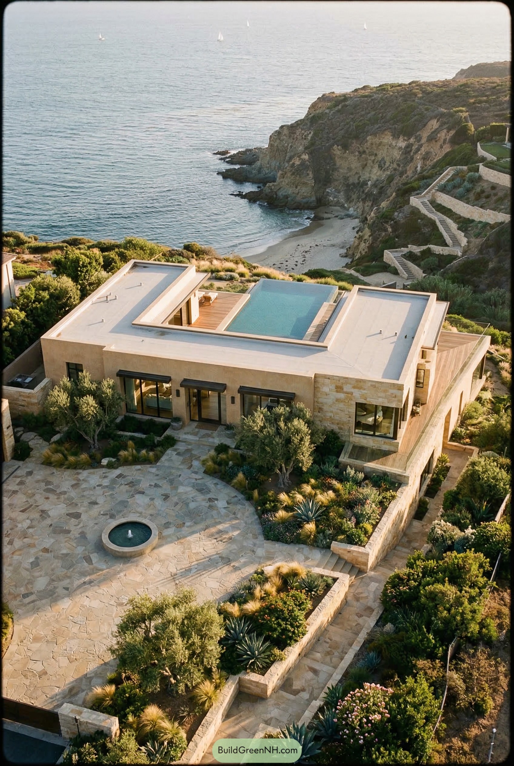 Modern stone villa with rooftop pool above a cove