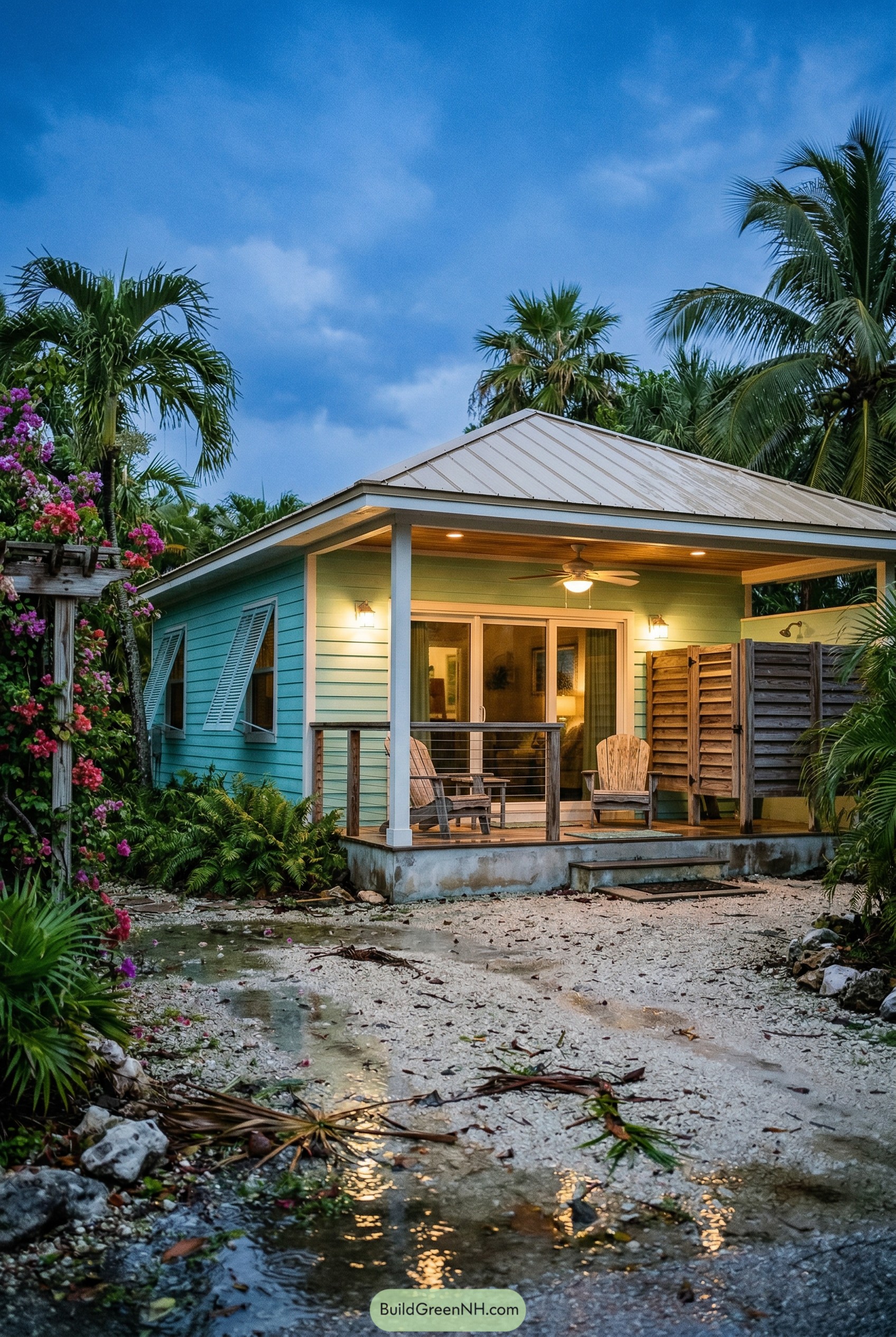 Photograph the entire Florida cottage house fully in view at blue hour after a summer rain in the Keys, with porch lights just coming on and the sky deep cobalt: a one-story cottage with low-pitched metal roof in muted sand, aqua-painted shiplap siding, and a generous front porch with cable railing and a ceiling fan; louvered shutters half-open, large glass sliders with realistic reflections of wet foliage, and an outdoor shower tucked behind a slatted privacy screen; the driveway is crushed coral with puddles, scattered palm fronds, a few salt-stained outdoor chairs slightly askew, and bougainvillea climbing irregularly along a trellis, all lit by soft, believable ambient glow. No people, no animals, no text, strictly no collages. Make this look like a real, un-staged architectural photograph (not a render). Use coherent real-world lighting for a specific time/weather (consistent shadow direction and softness across the whole scene). Ensure physically correct grounding with strong contact shadows/ambient occlusion - nothing floating. Add natural realistic environmental randomness (irregular vegetation density, mixed species, messy edges, footprints/mud/snow variation, small clutter). Glass must behave realistically (balanced reflections + interior visibility, mild glare hotspots, slight condensation if cold). Avoid perfect symmetry and "hero shot" staging; use slightly off-center human framing. Add subtle camera characteristics: realistic dynamic range (no HDR look), mild depth of field, slight vignetting, gentle film grain, natural color.