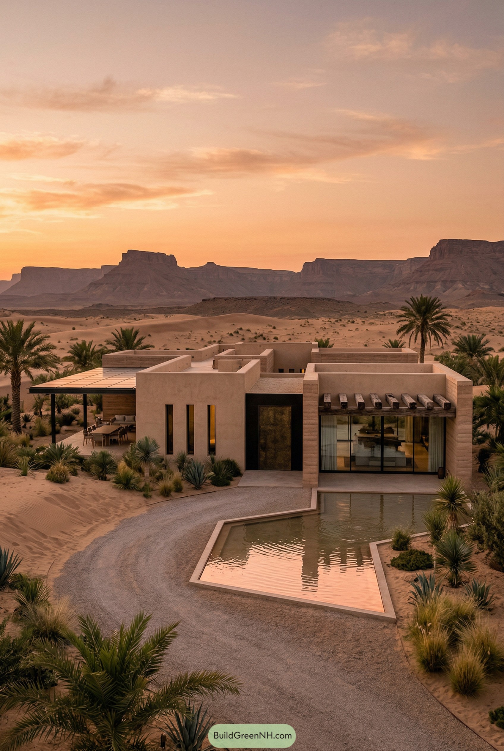 Modern desert villa with pool, palms, and mountain backdrop at sunset