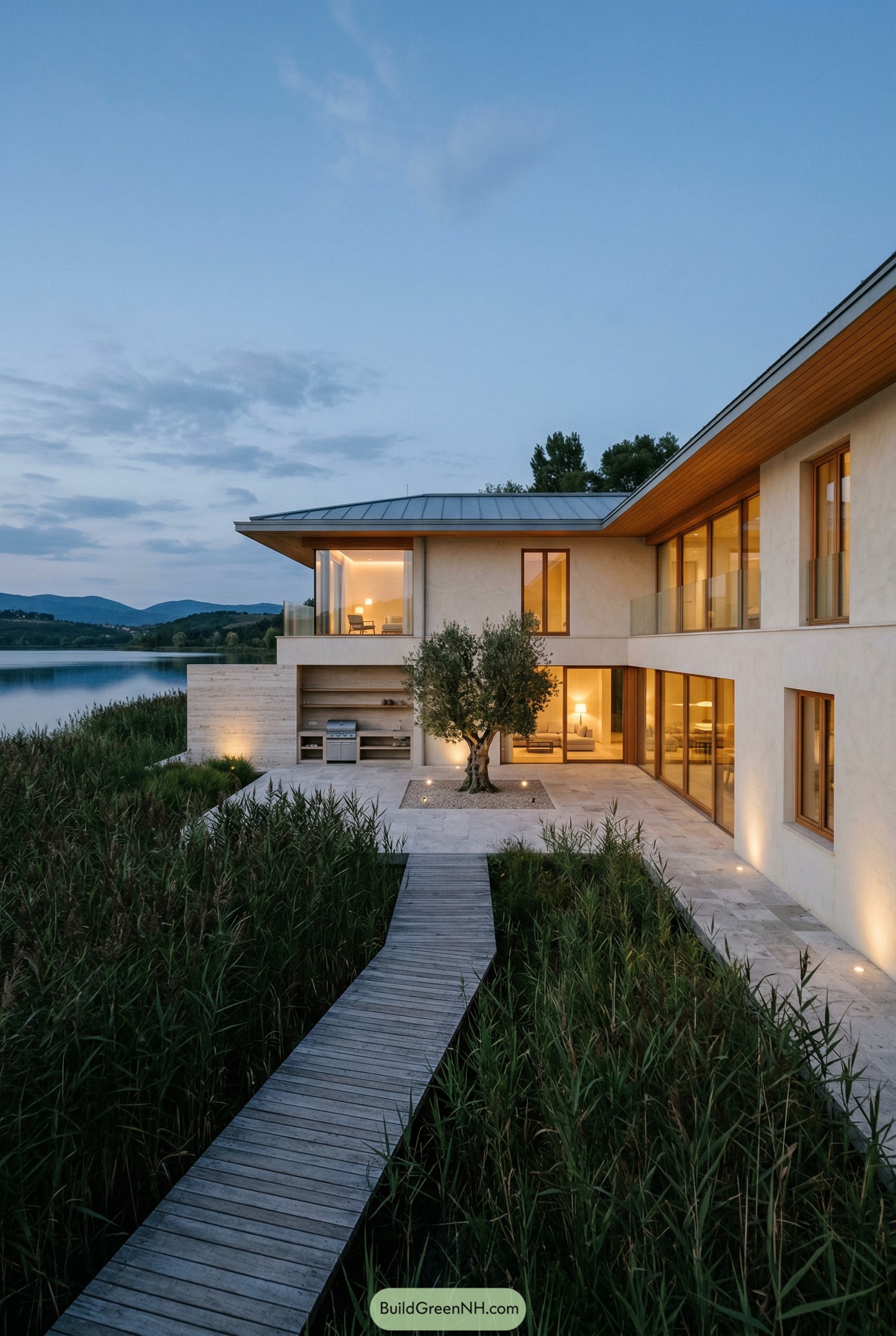 Modern villa with lakeside courtyard and boardwalk