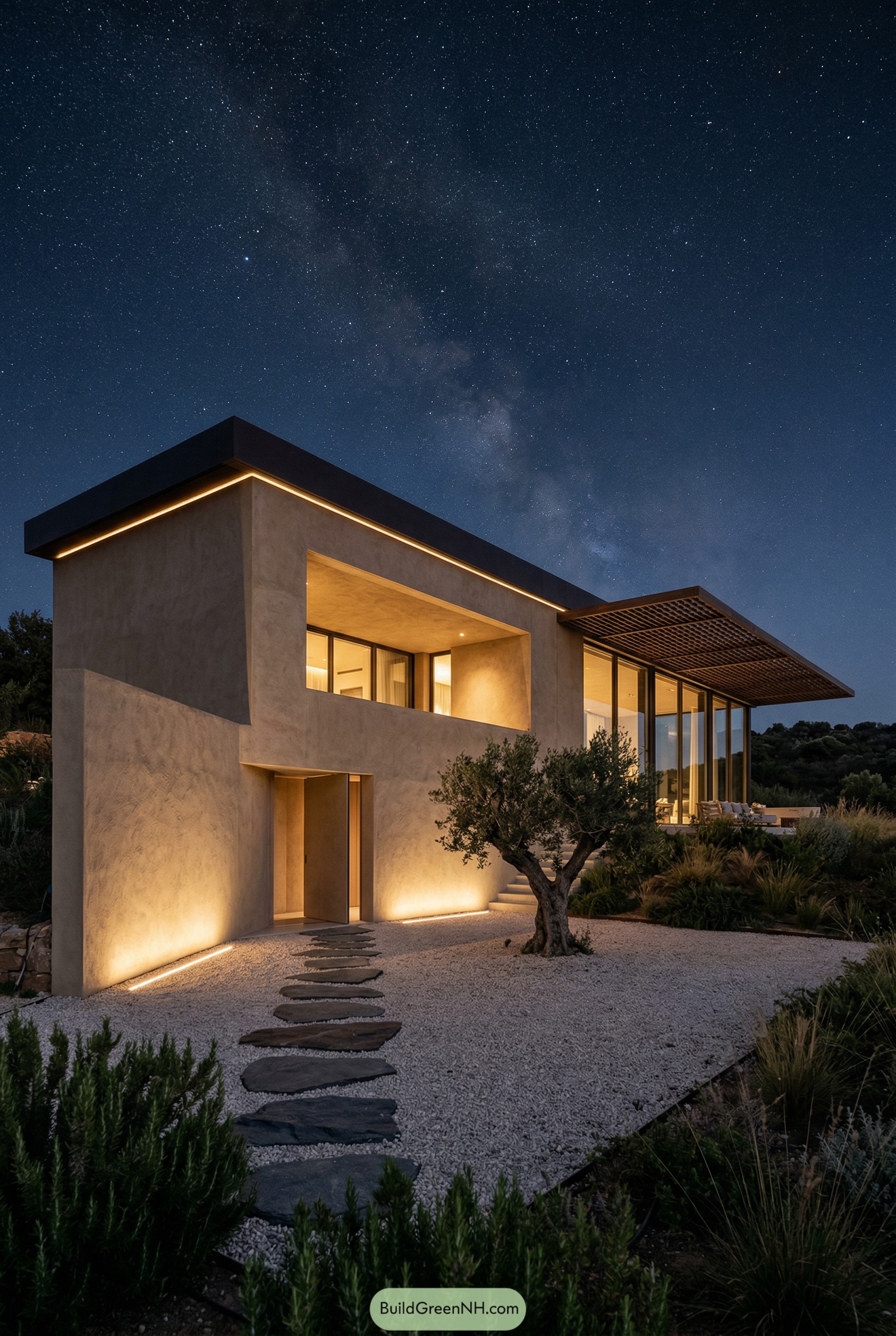 Modern stucco villa at night with warm accent lighting and large glass facade under a starry sky