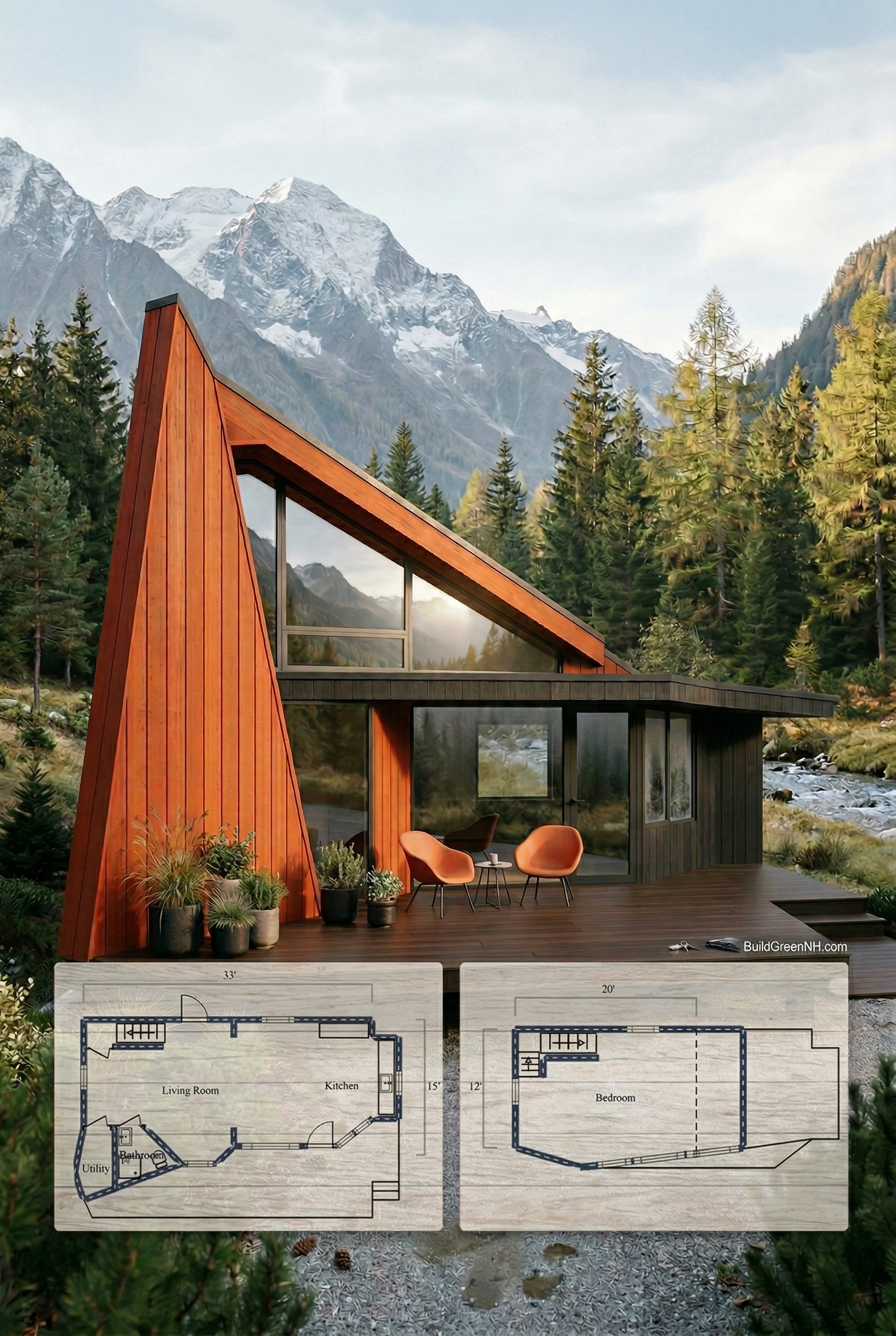 Asymmetrical Mid-century Modern Cabin Floor Plan