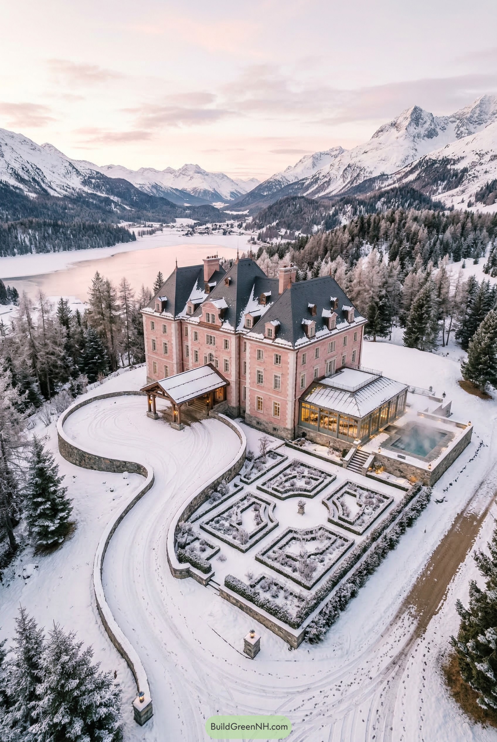 Pink chateau overlooking a snowy mountain lake