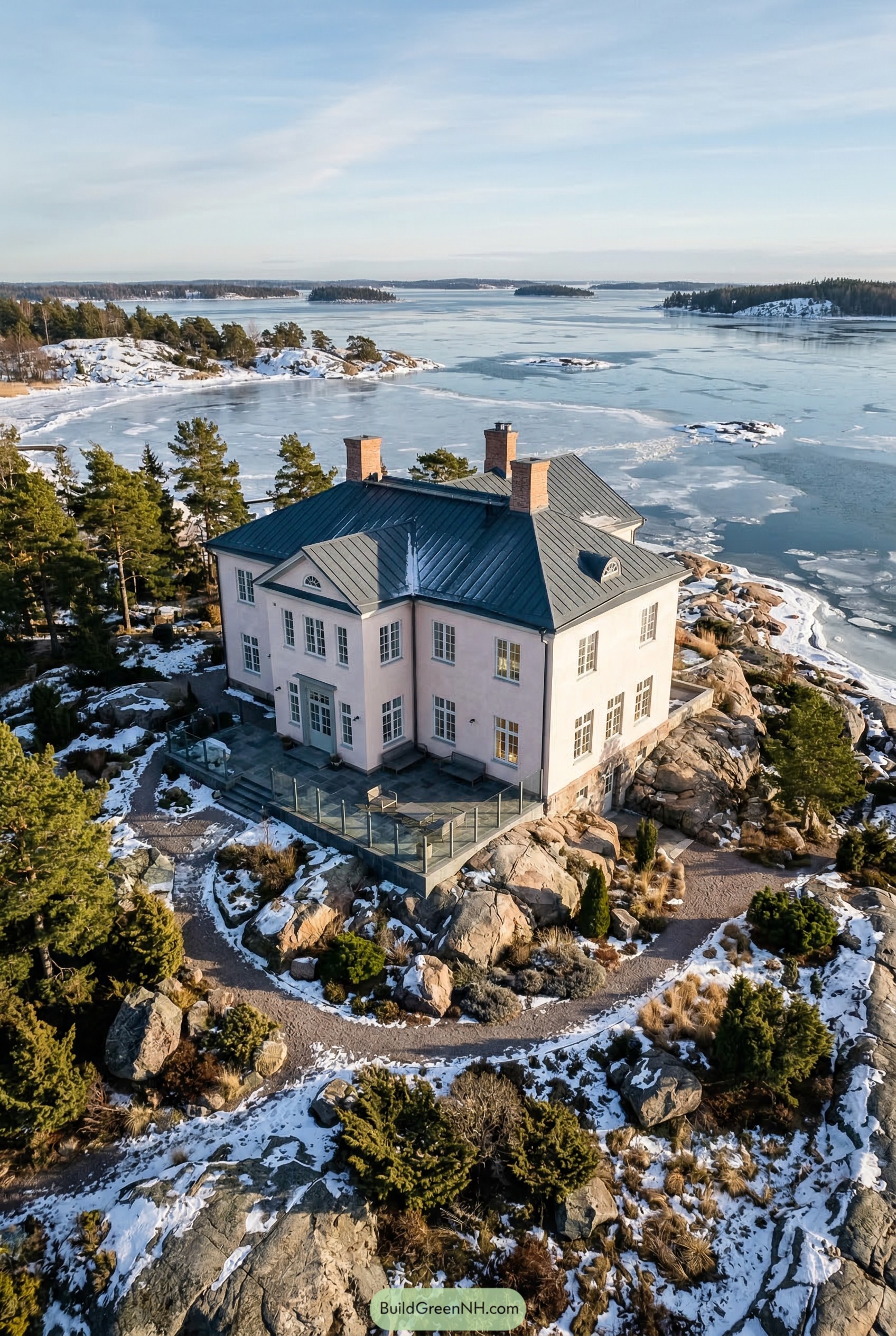 Pale pink mansion on a snowy rocky shoreline beside frozen water