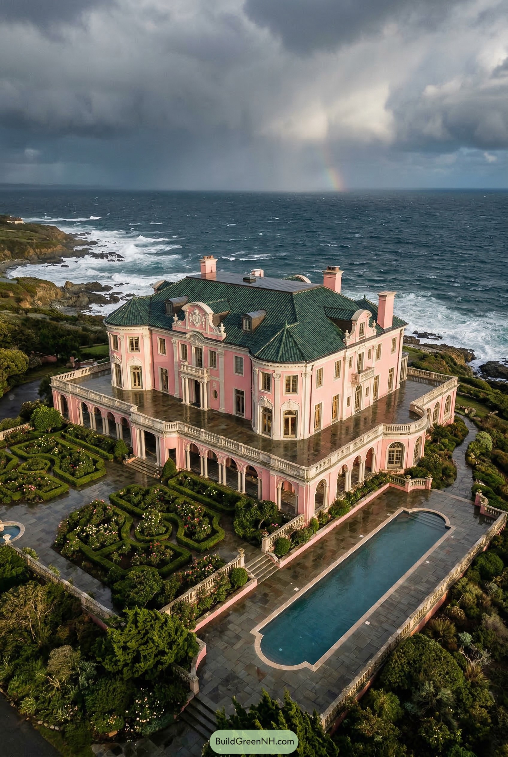 Pink seaside mansion with formal gardens and pool