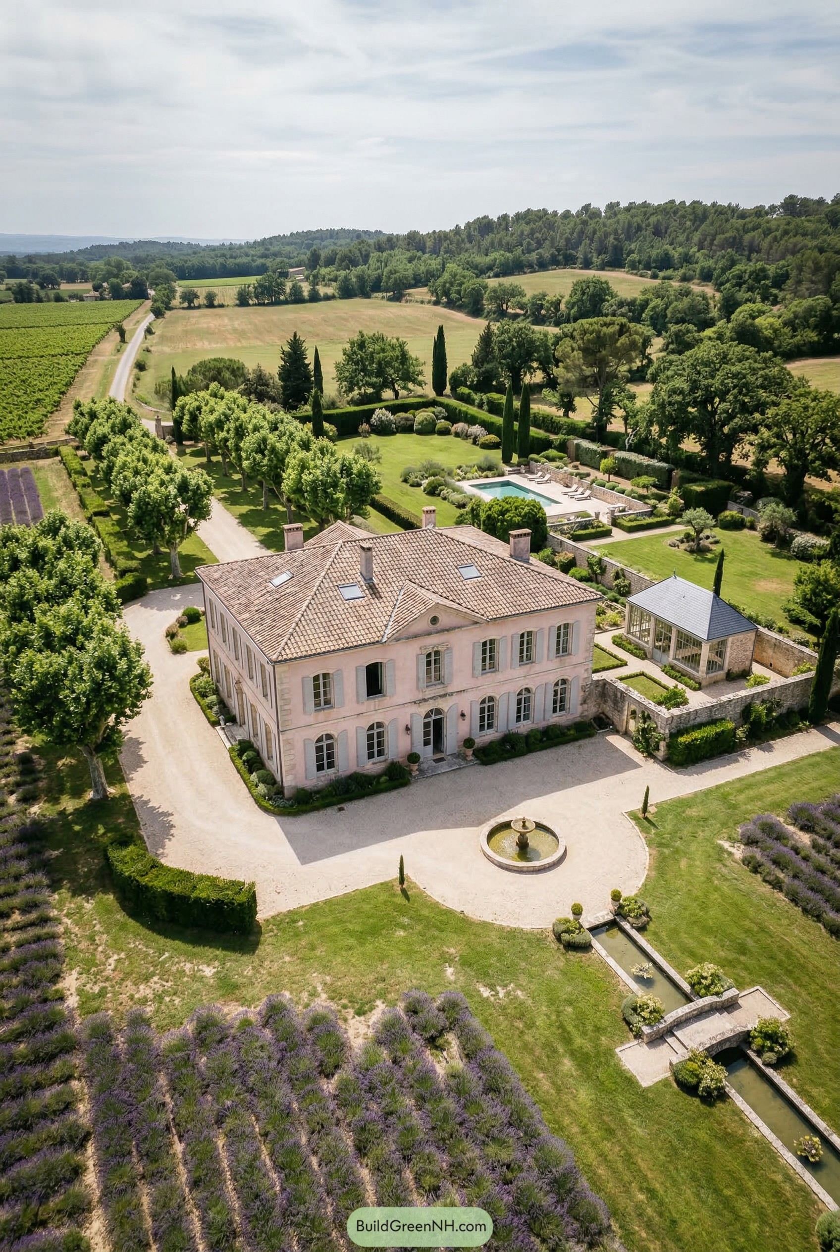 Aerial view of a pale pink bastide with lavender fields and formal gardens