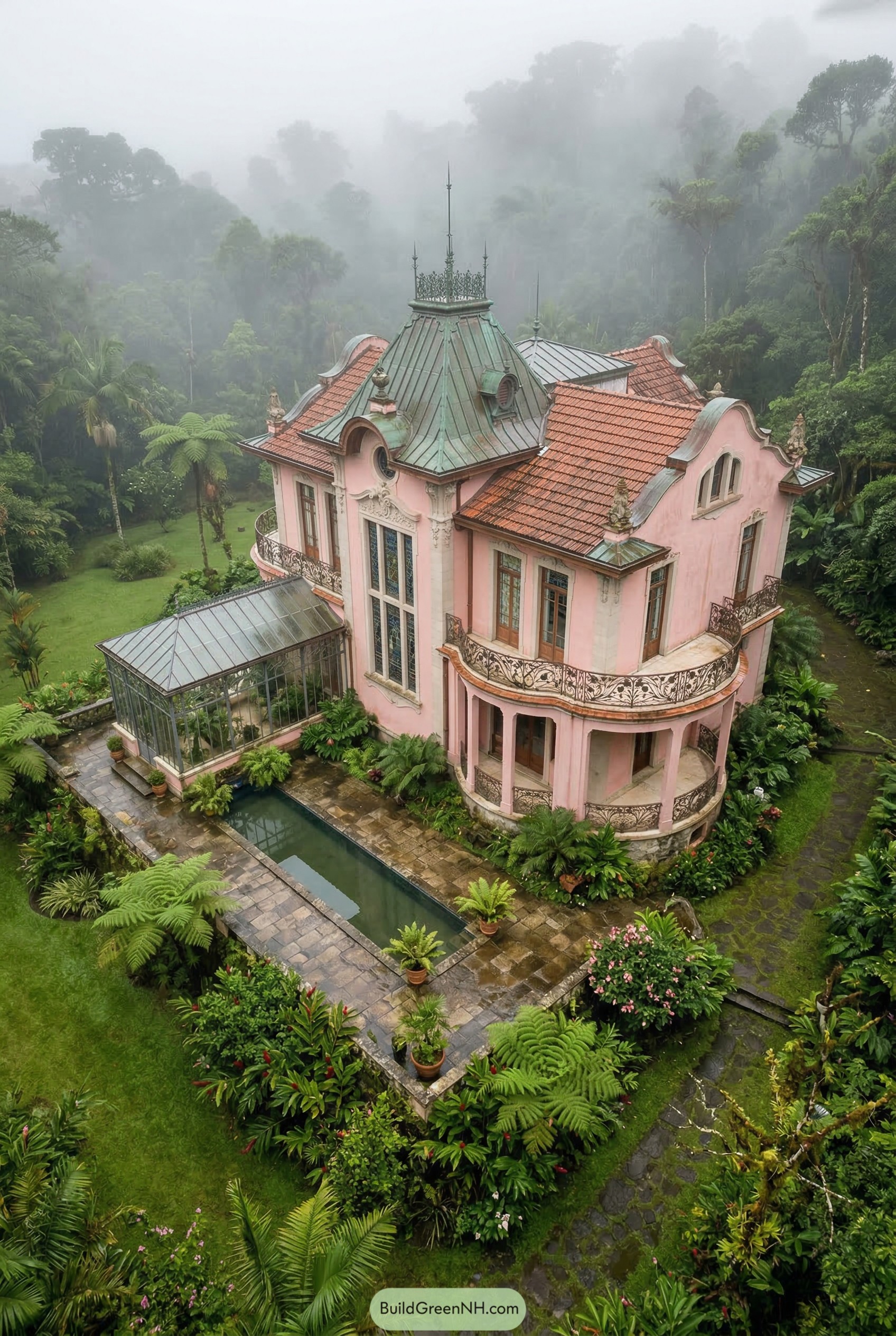 Ornate pink mansion with a glass conservatory in misty tropical gardens