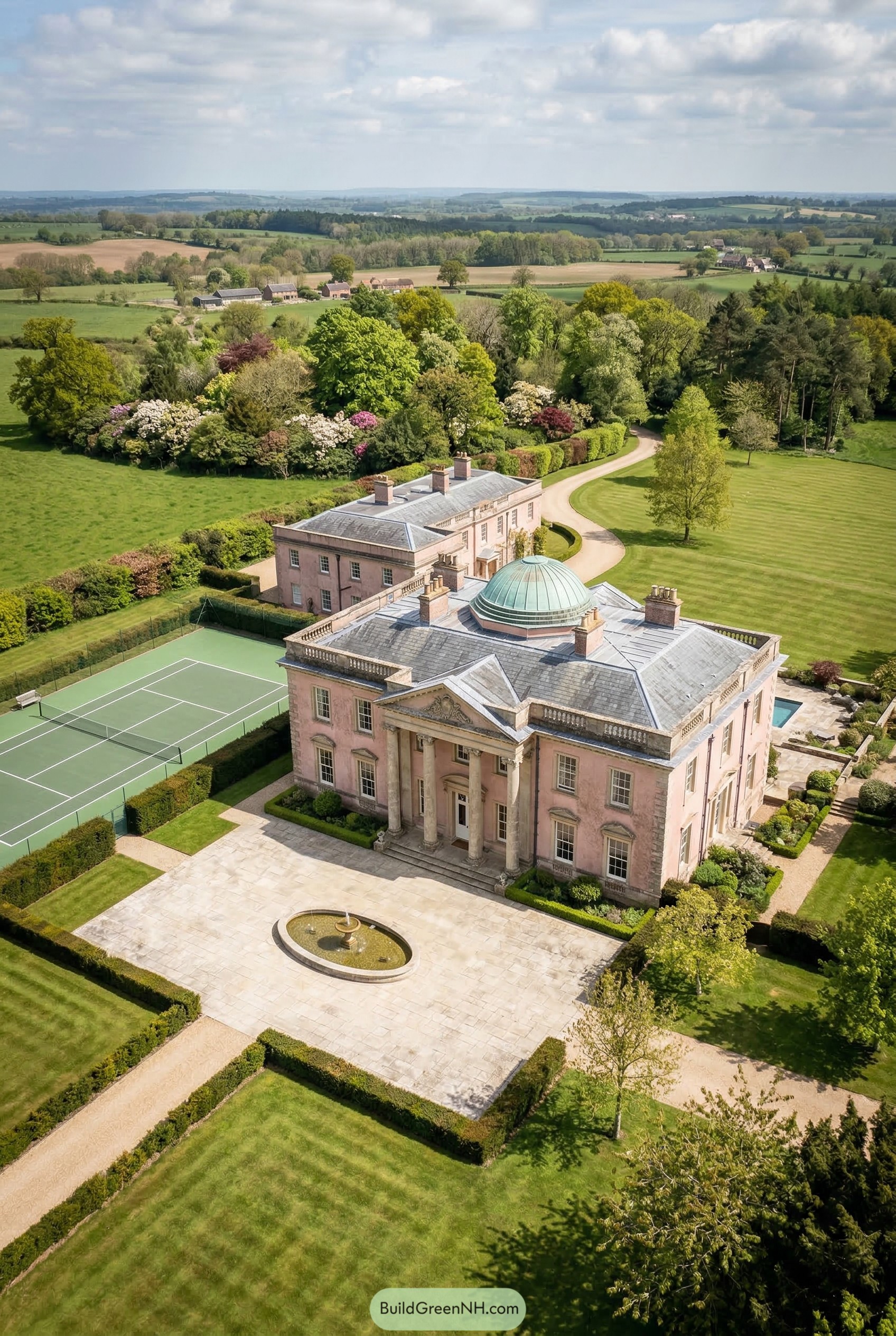 Pink neoclassical estate with dome and tennis court