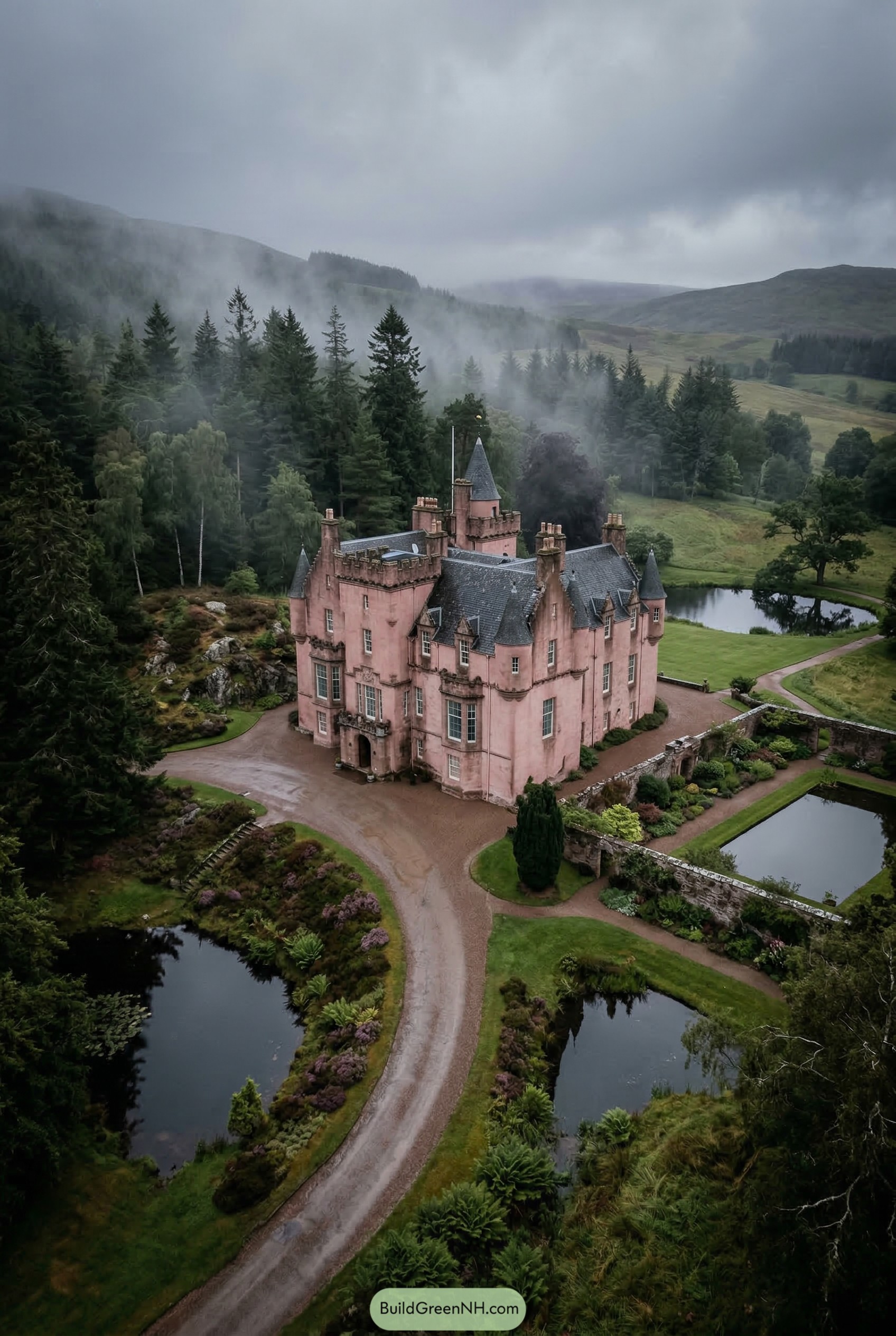 Pink baronial castle in misty wooded hills