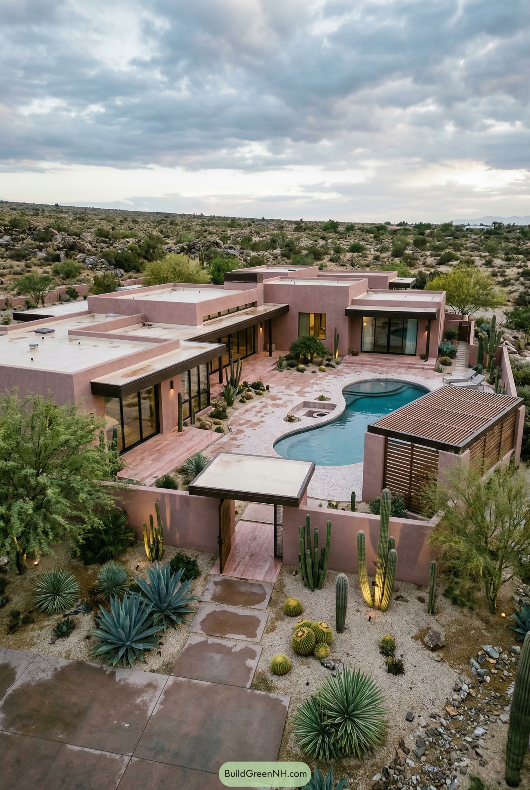Pink desert mansion with a curved pool