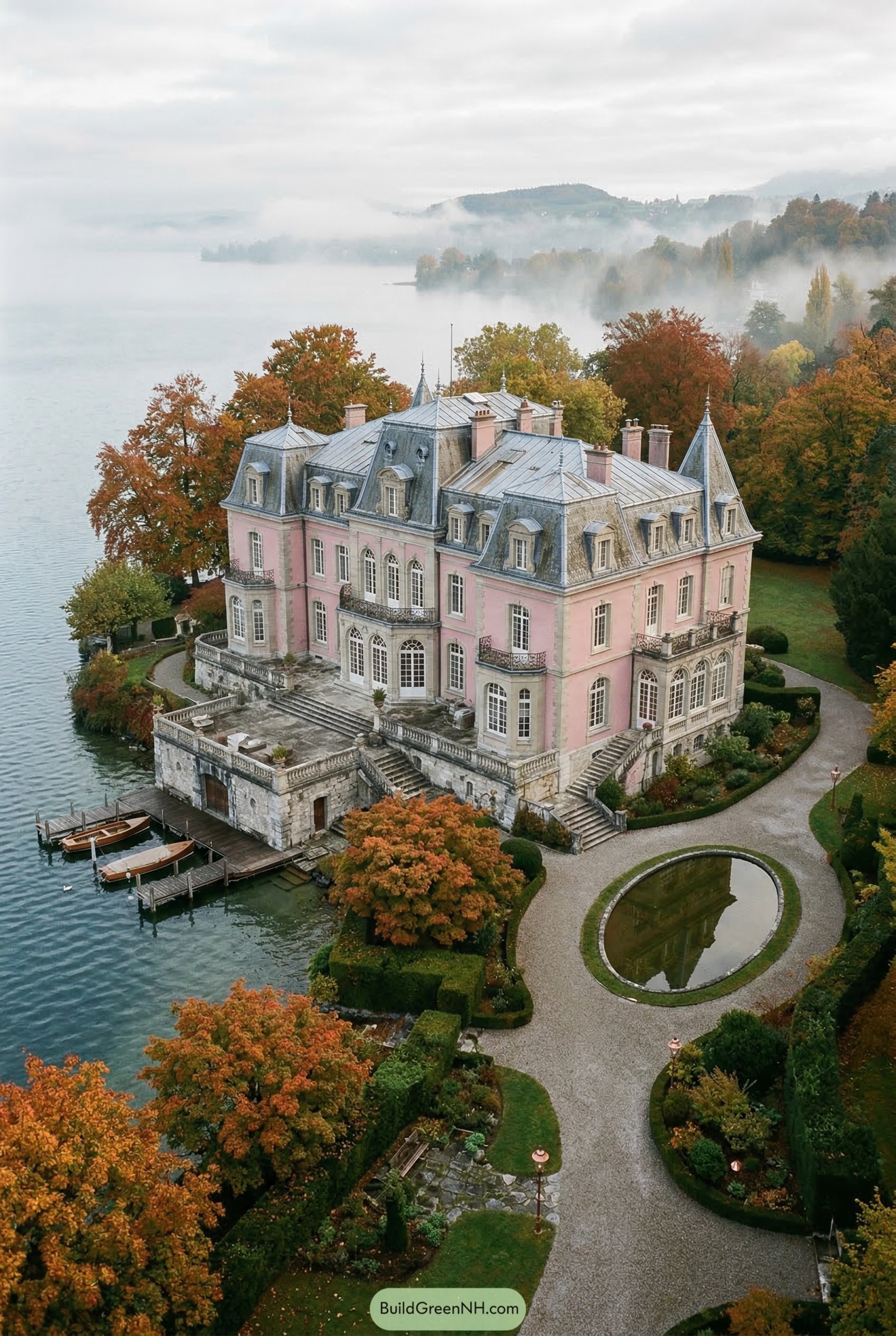 Pink lakeside chateau with dock and formal garden