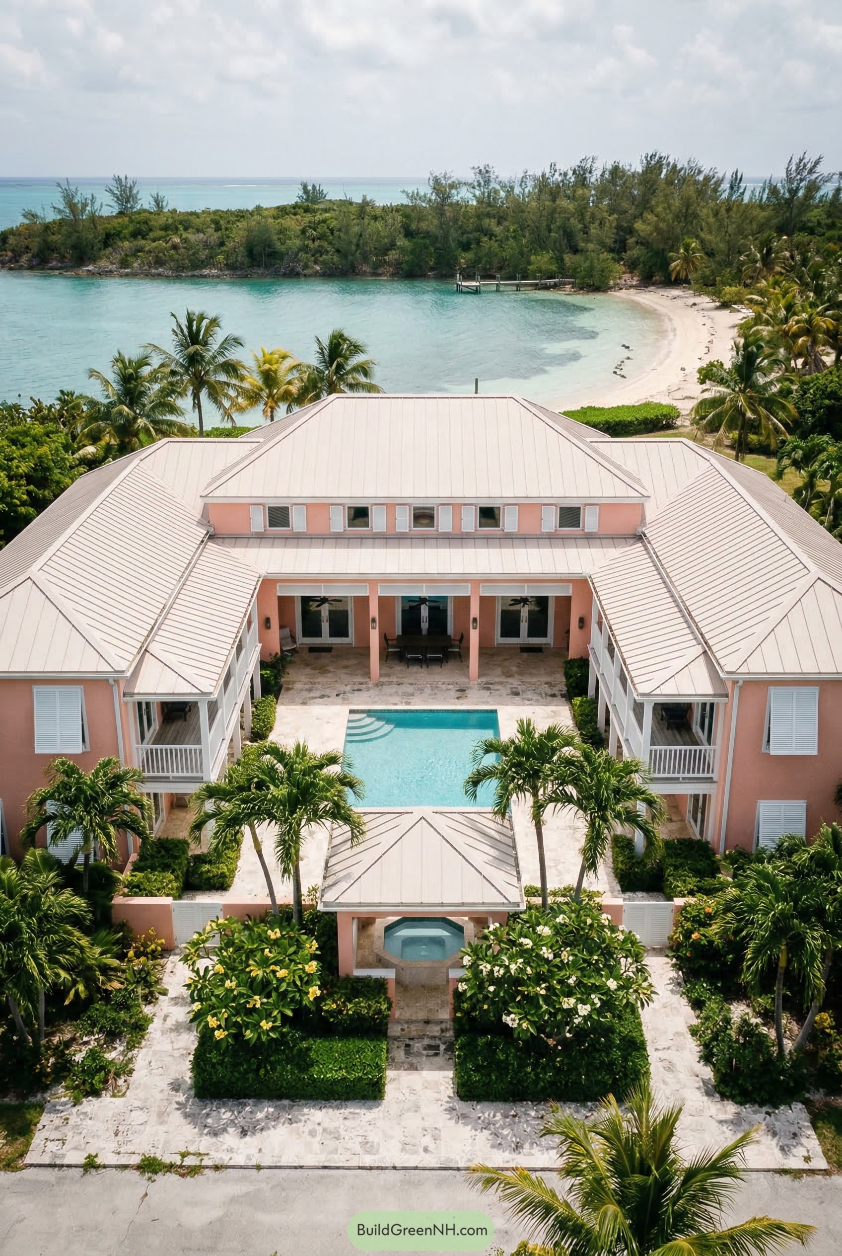 Pink beachfront mansion with central pool courtyard