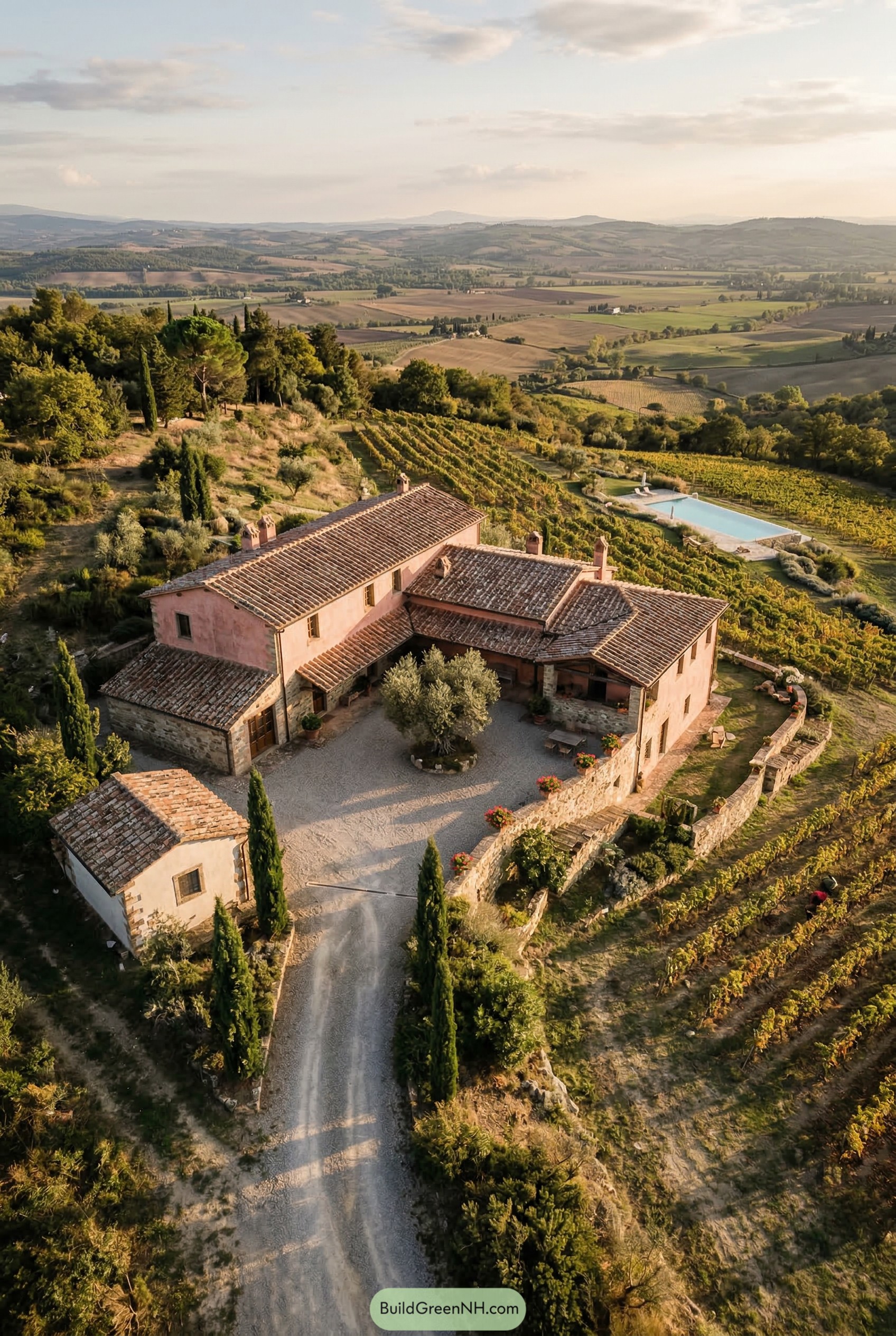 Pink hilltop farmhouse surrounded by vineyards