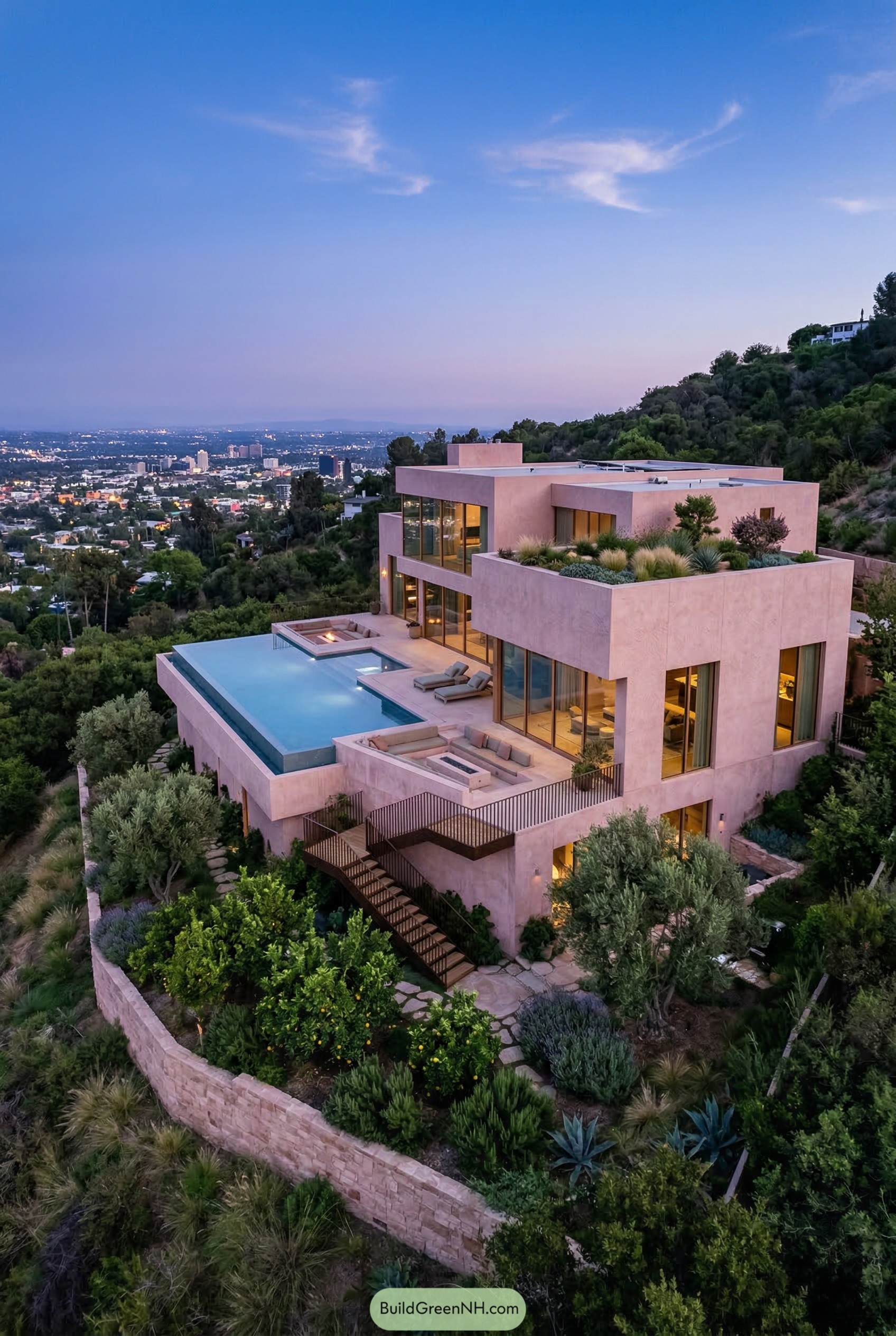 Pink cubic hillside mansion with infinity pool