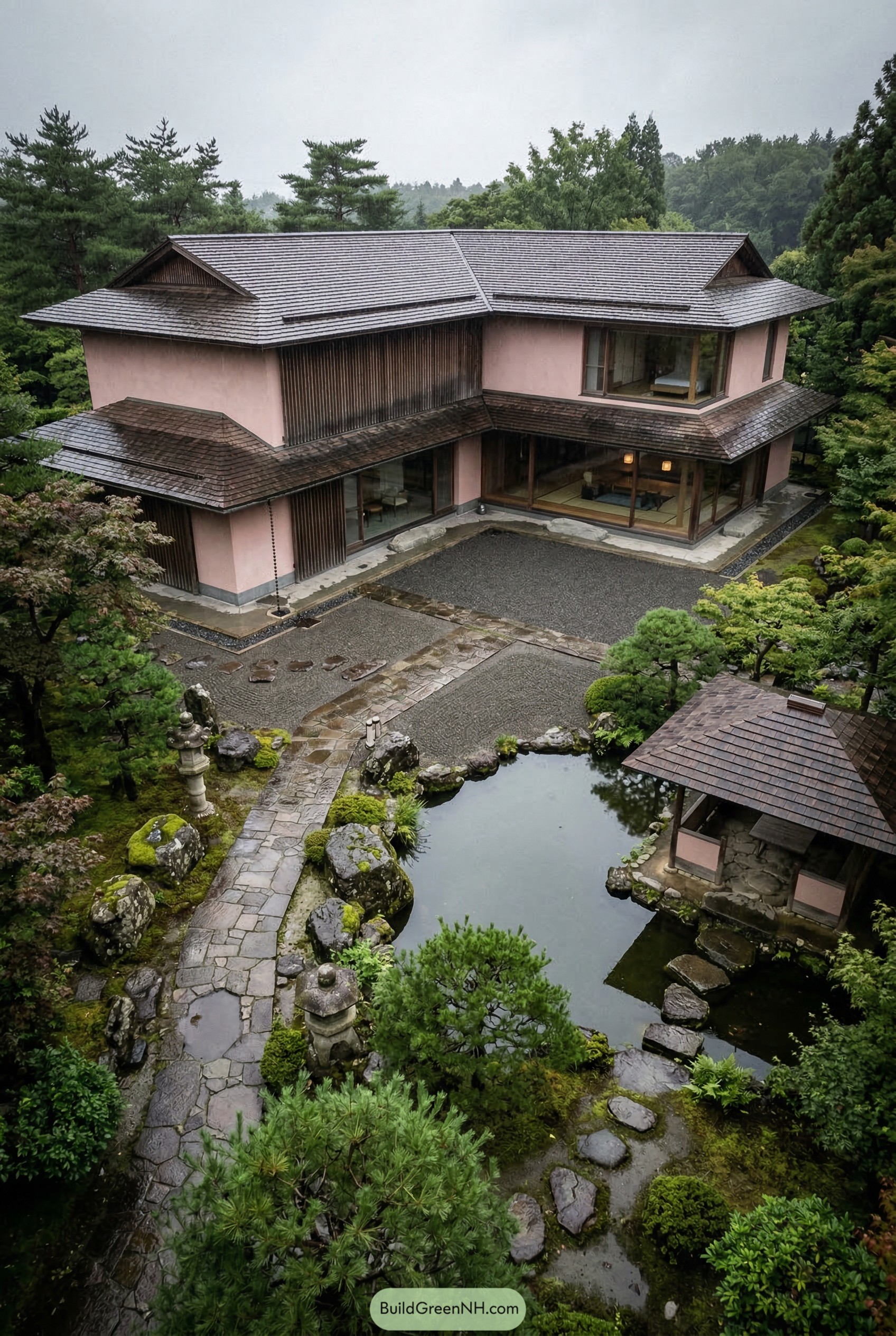 Pink Japanese style mansion with pond courtyard