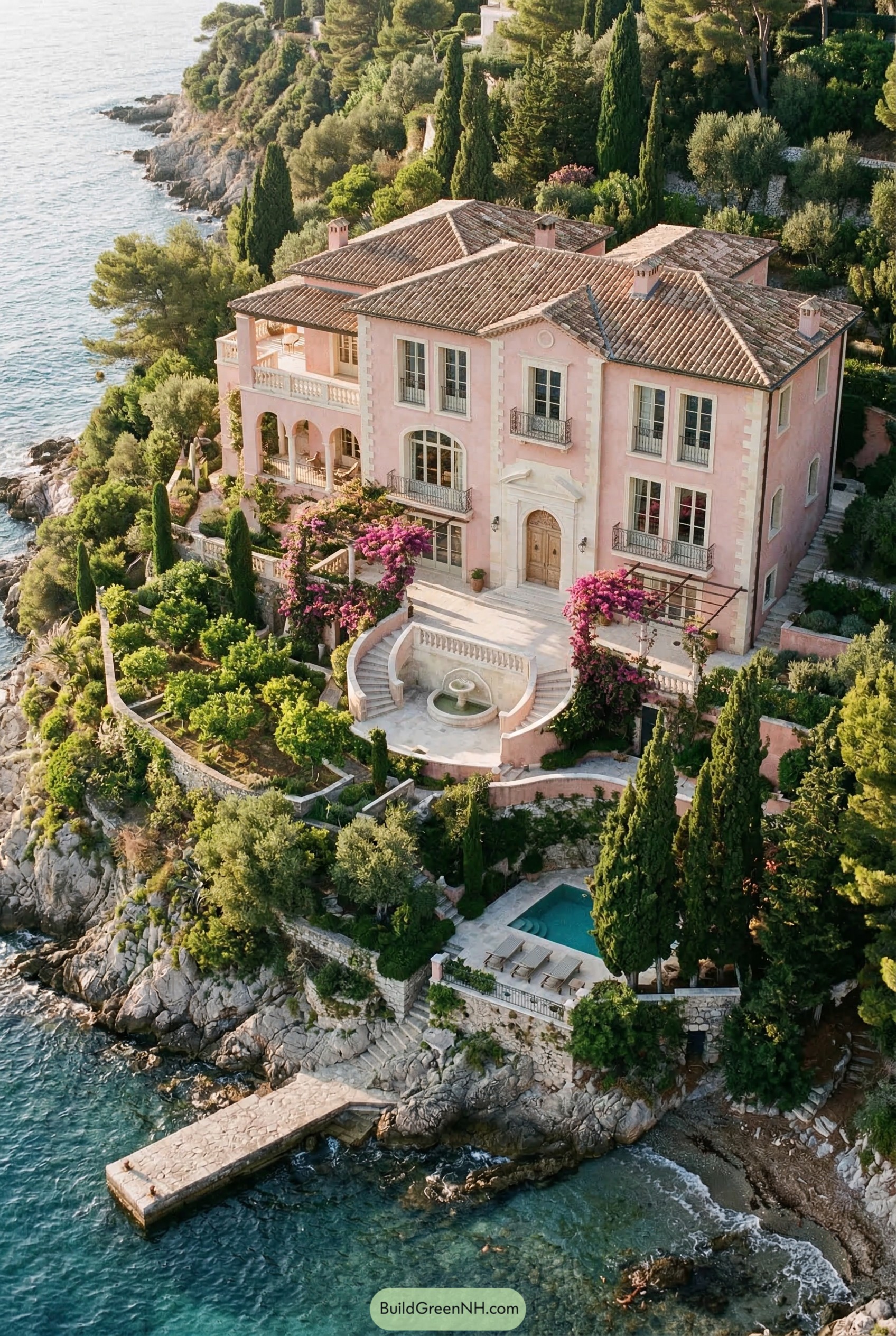 Pink seaside villa on a rocky cliff
