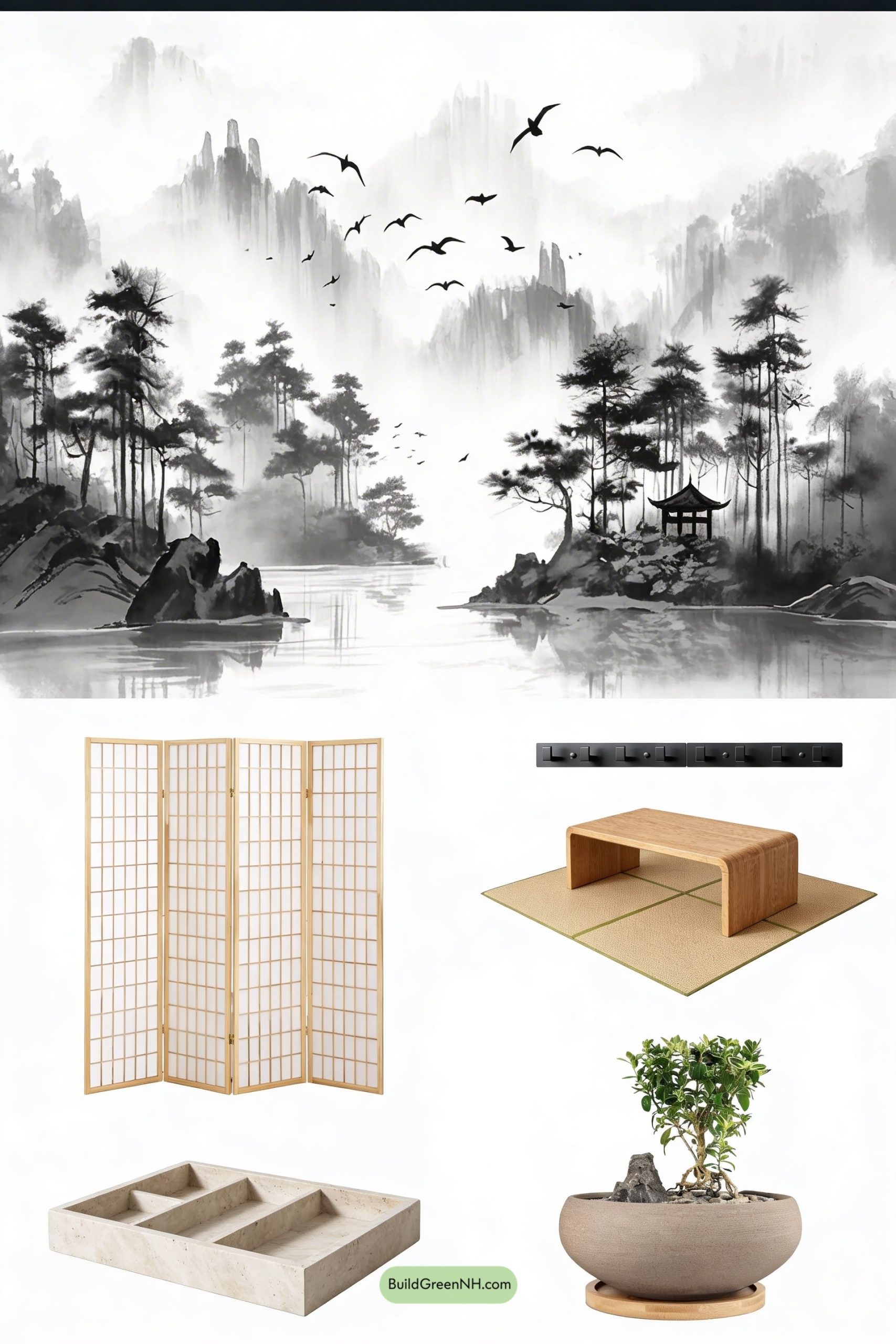 Moodboard for Japandi Ink-Wash Mountain Mural Calm