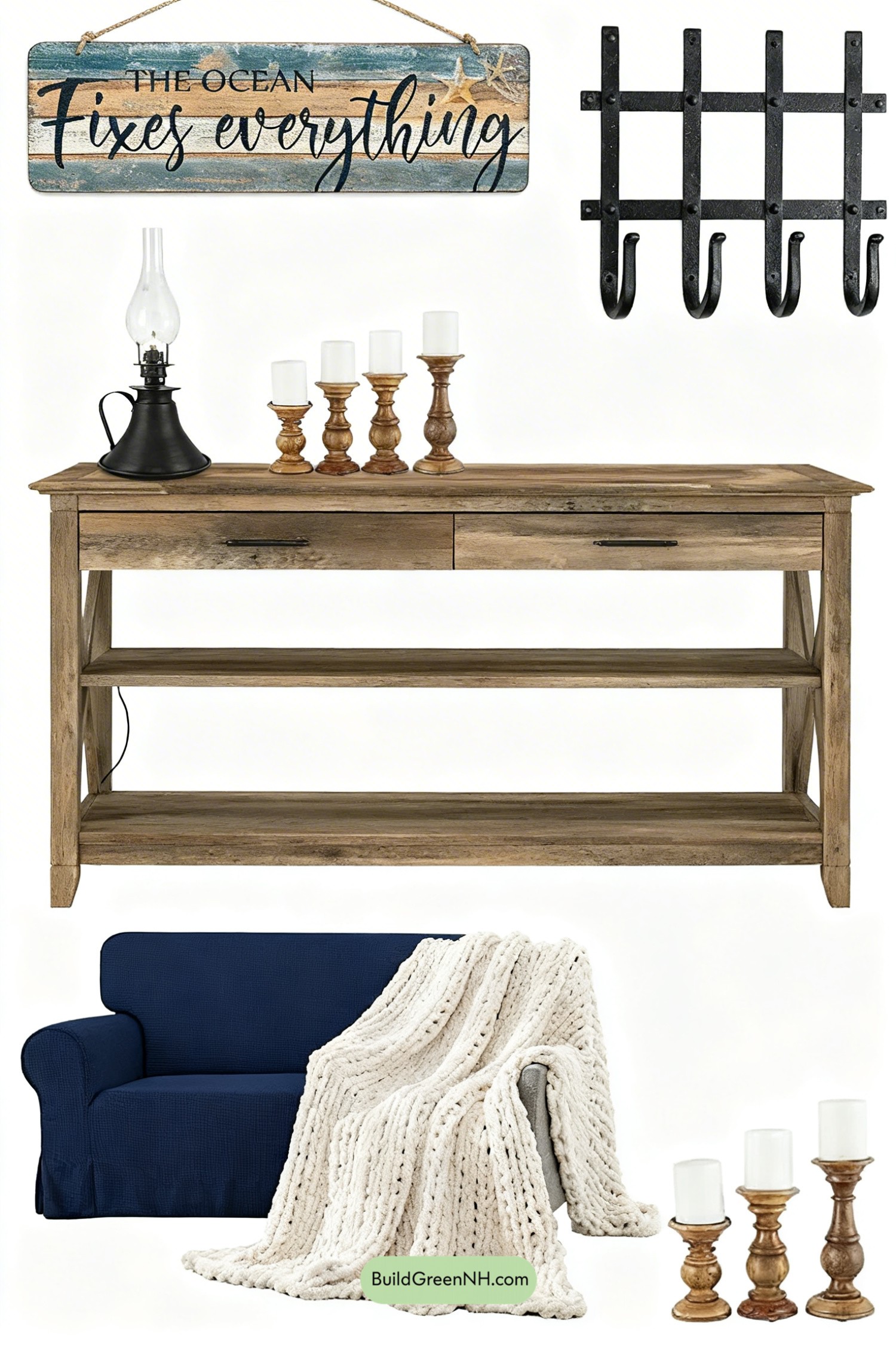 Moodboard for Navy-and-Pine Primitive Coastal Living Room