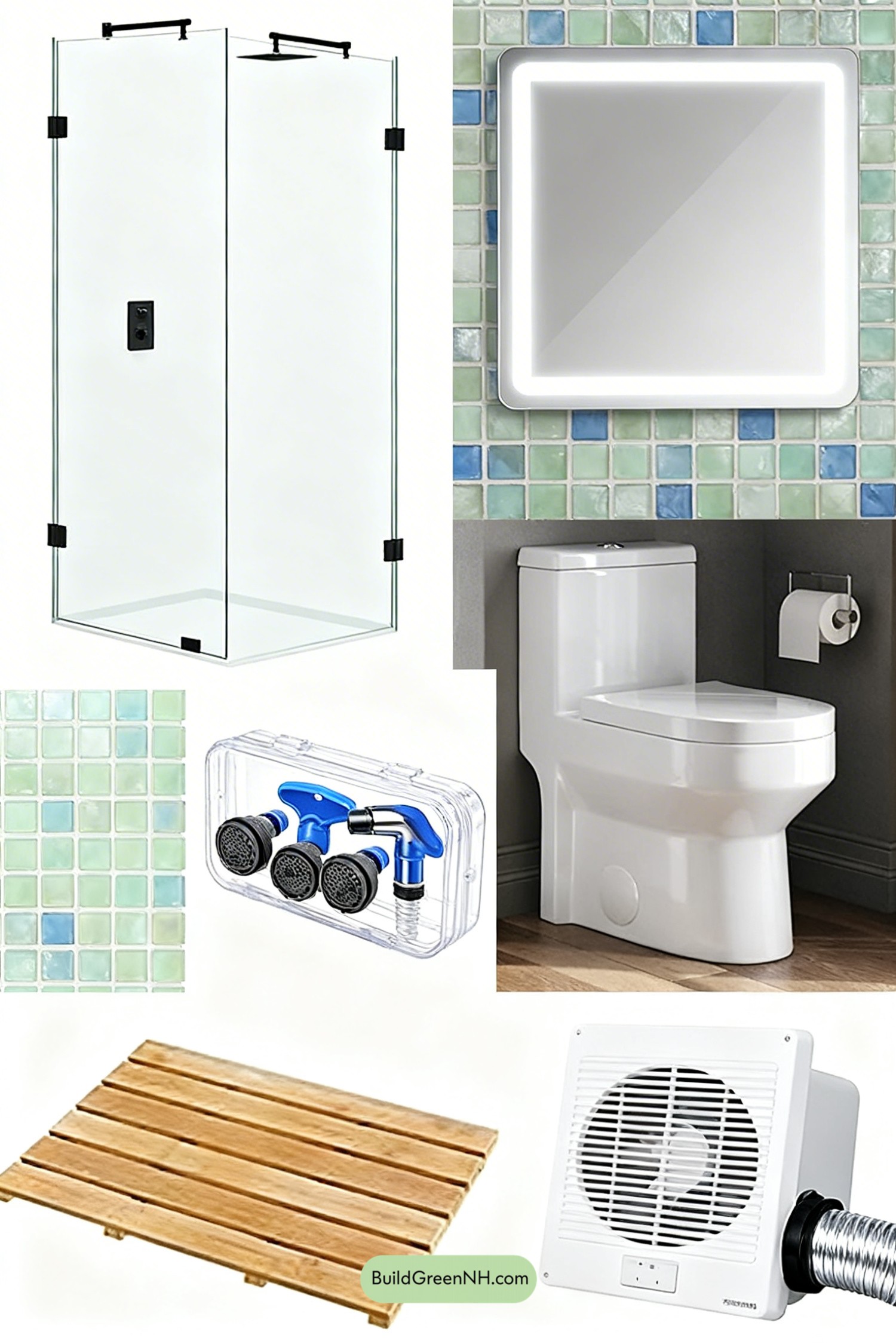 Moodboard for Sunlit Eco-Smart Tiny Bath Retreat