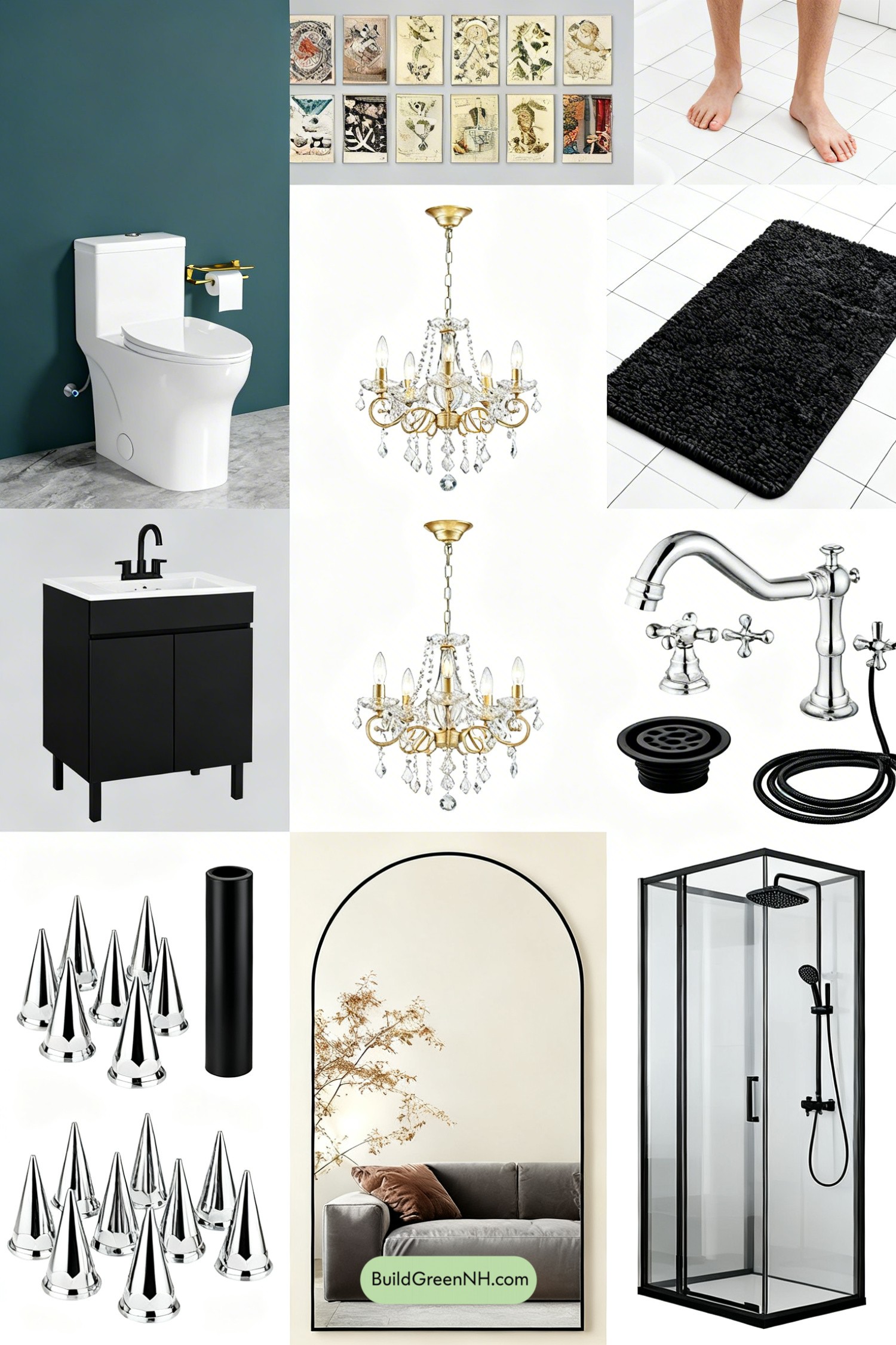 Moodboard for Glam-Punk Noir Bathroom with Chandelier