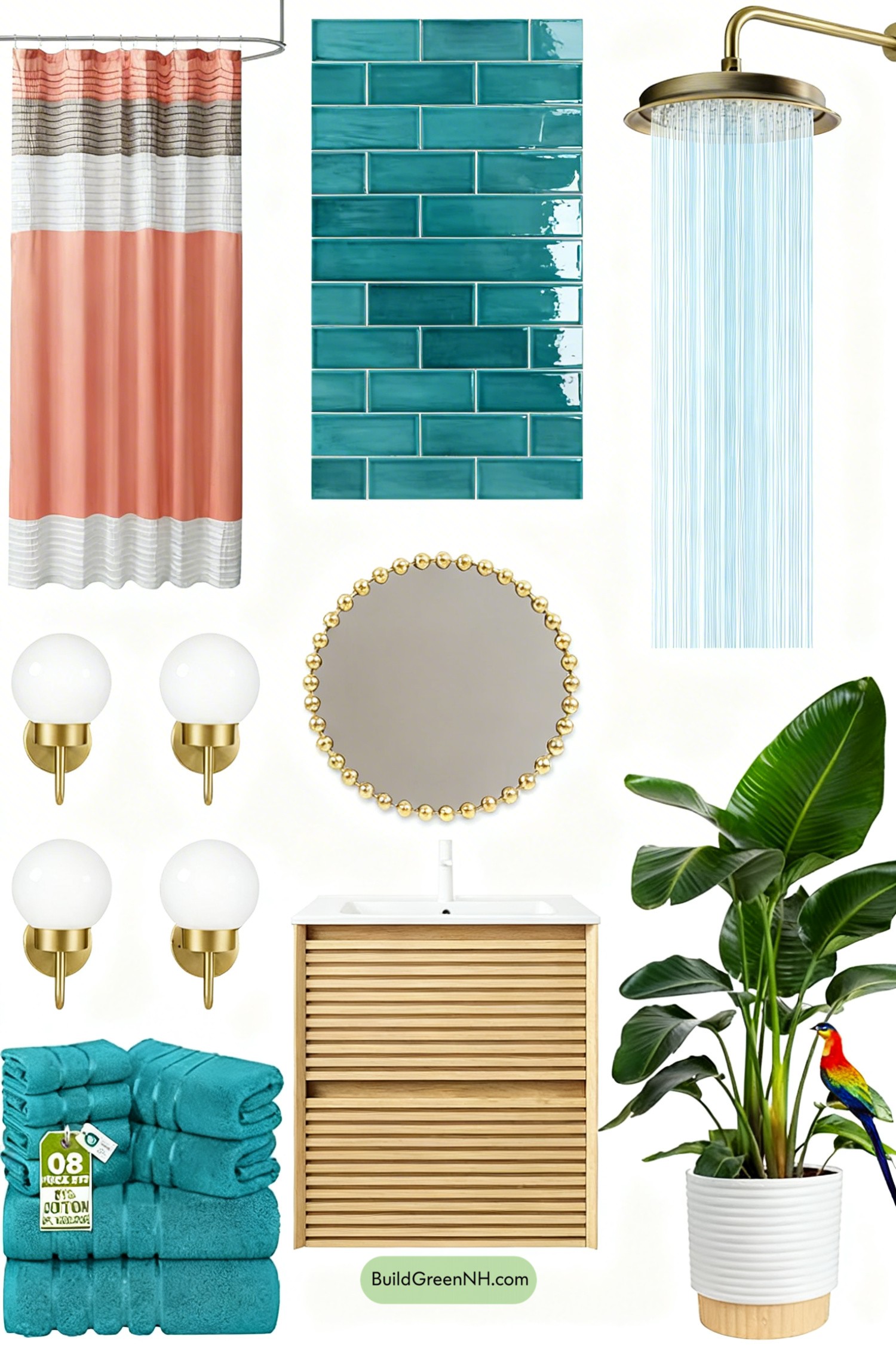 Moodboard for Teal Tile, Coral Pops, Brass Glow