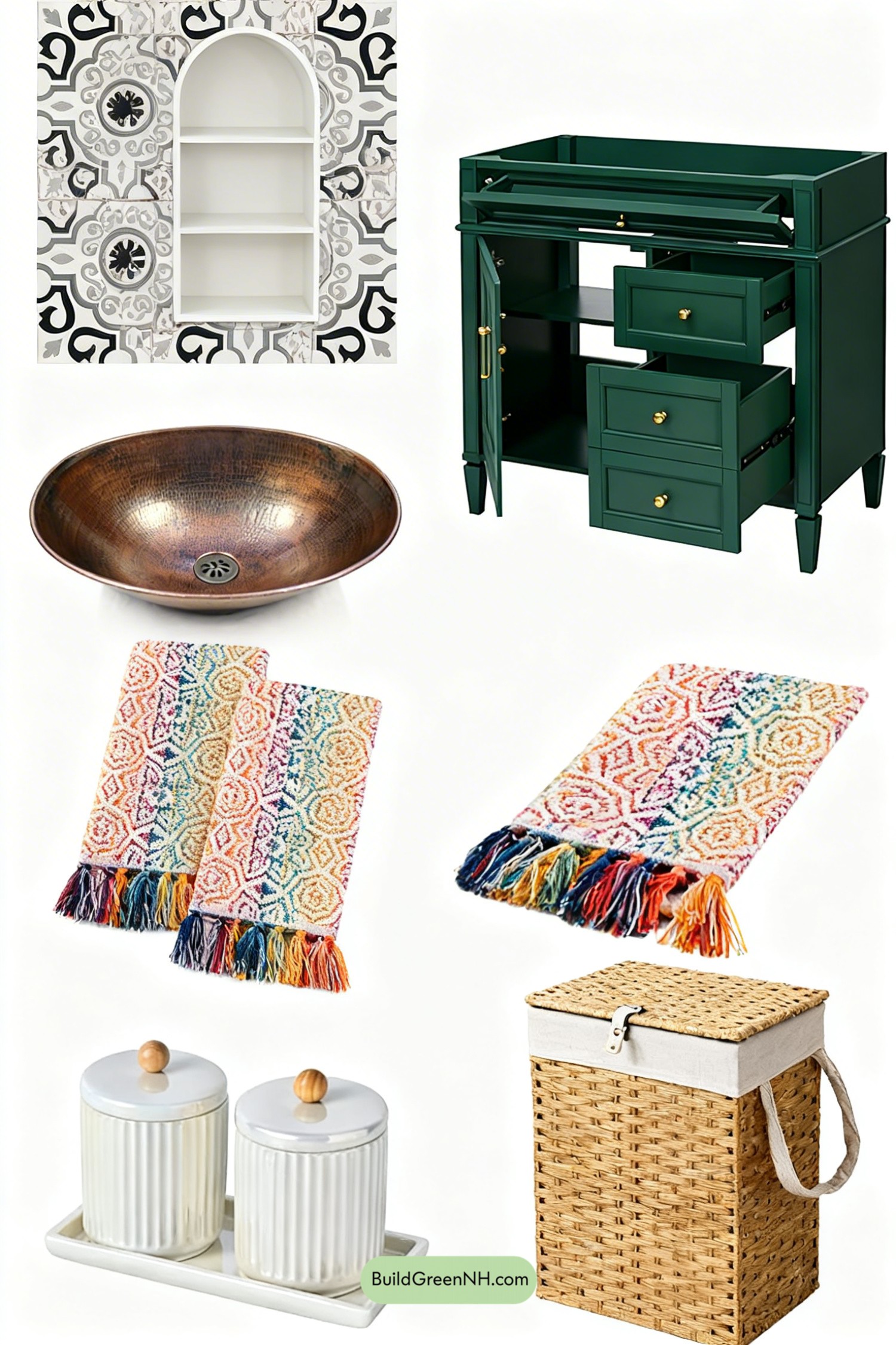 Moodboard for Jewel-Tone Zellige Bathroom With Arched Niche