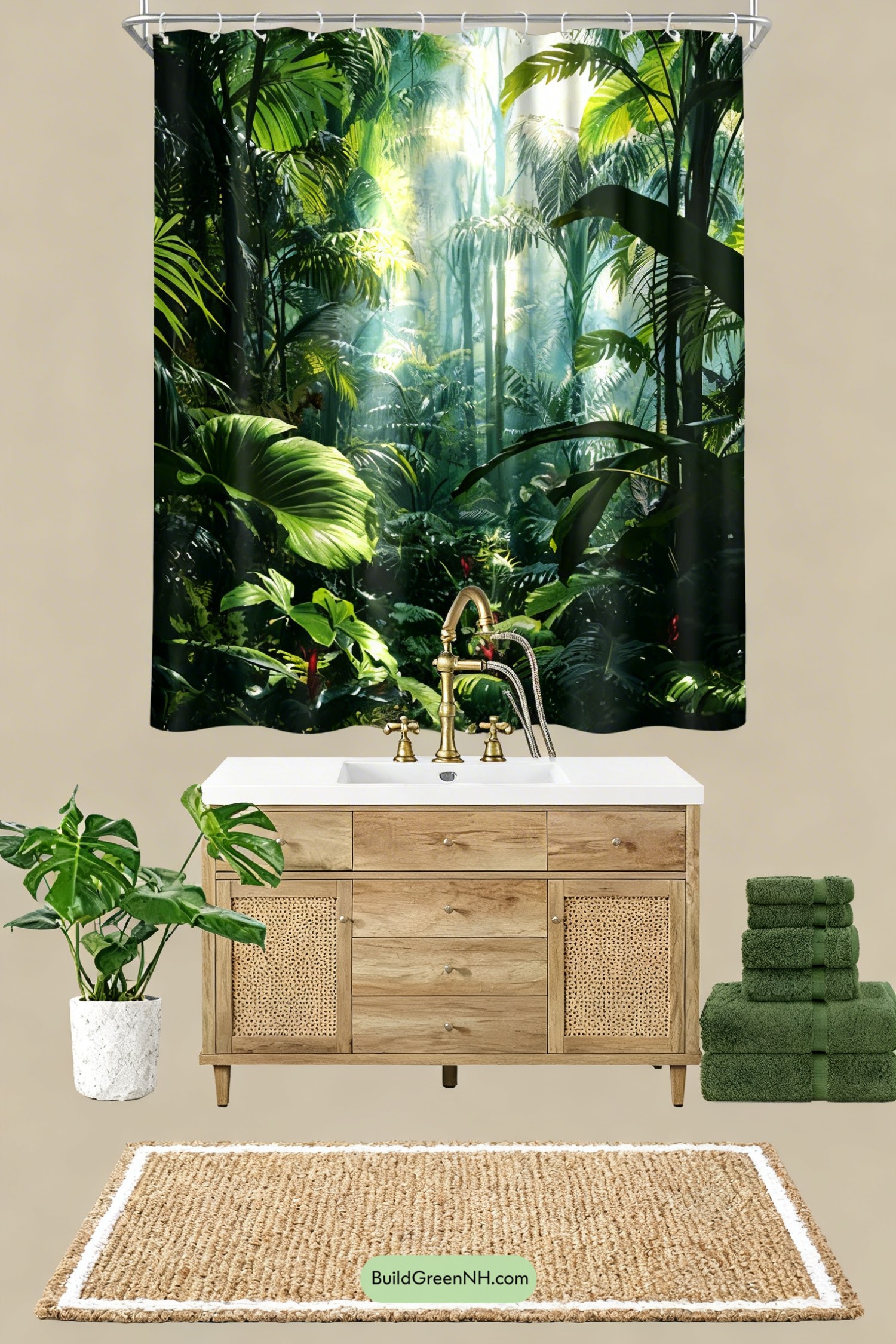 Moodboard for Rainforest Green Bathroom, Warm Wood Calm