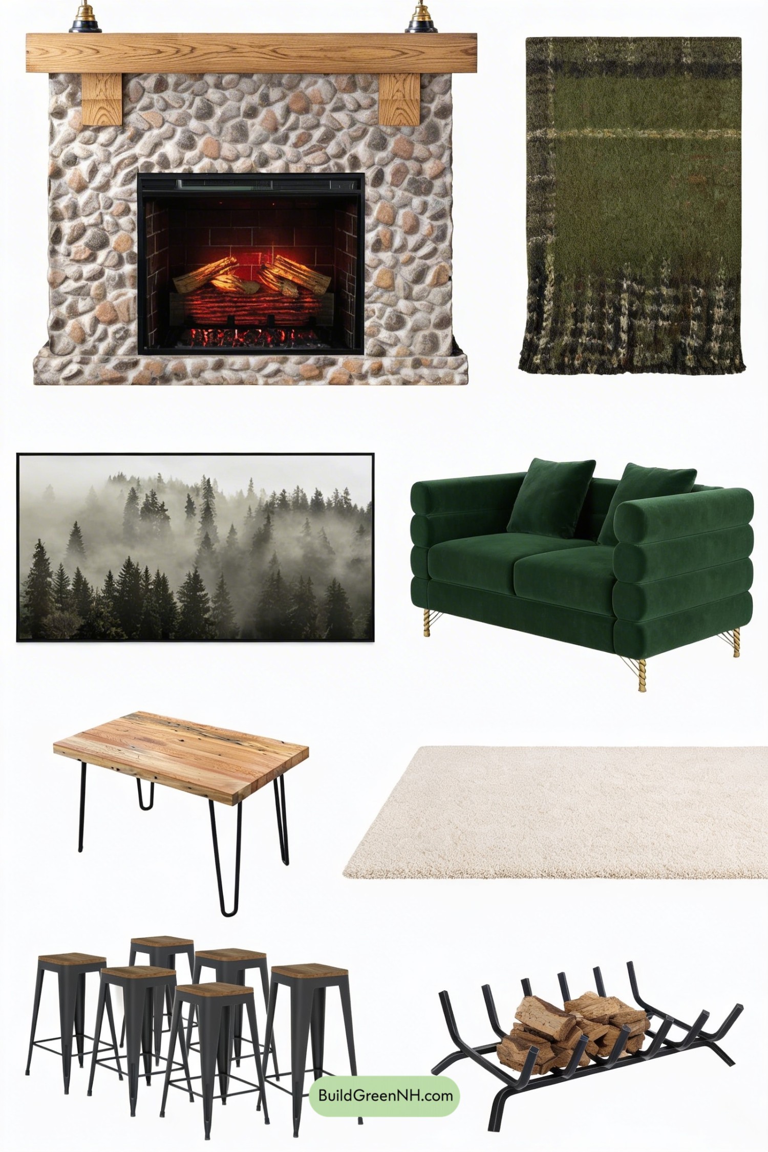 Moodboard for Stone Hearth, Timber Beams, Modern Ease