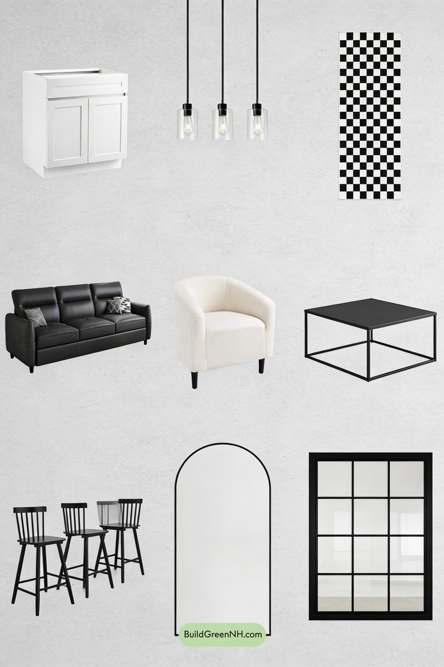Moodboard for Monochrome Barndominium Kitchen-Living Flow