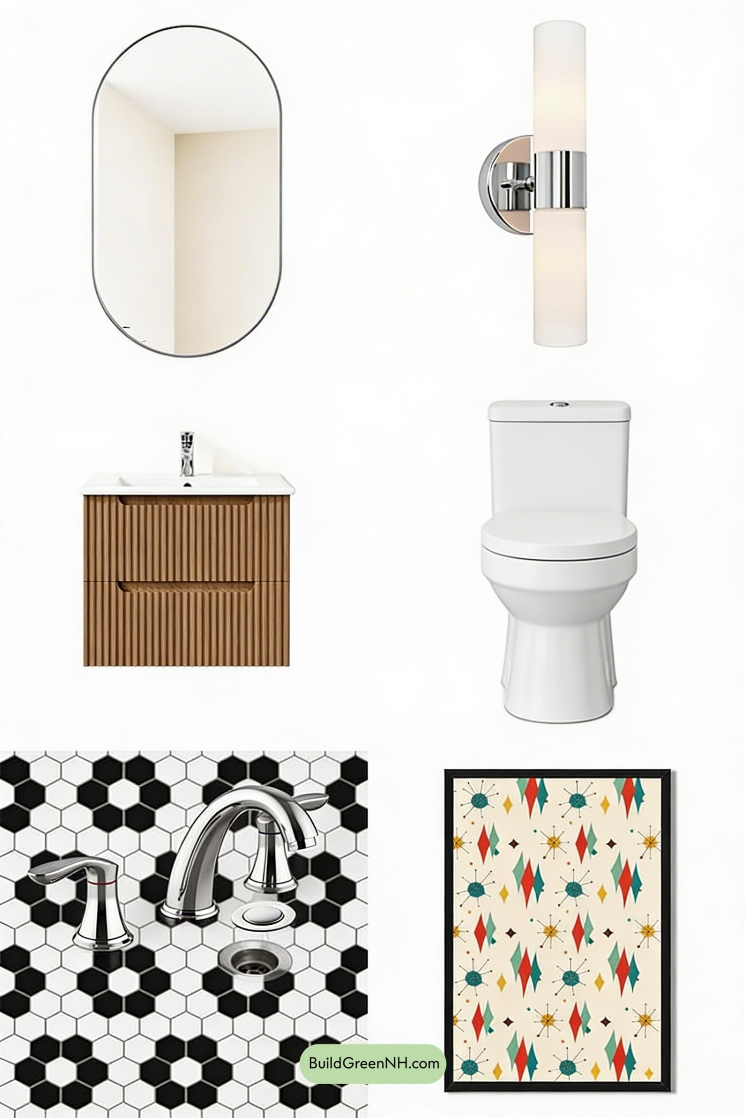 Moodboard for Mint Geometry Meets Warm Walnut Vanity