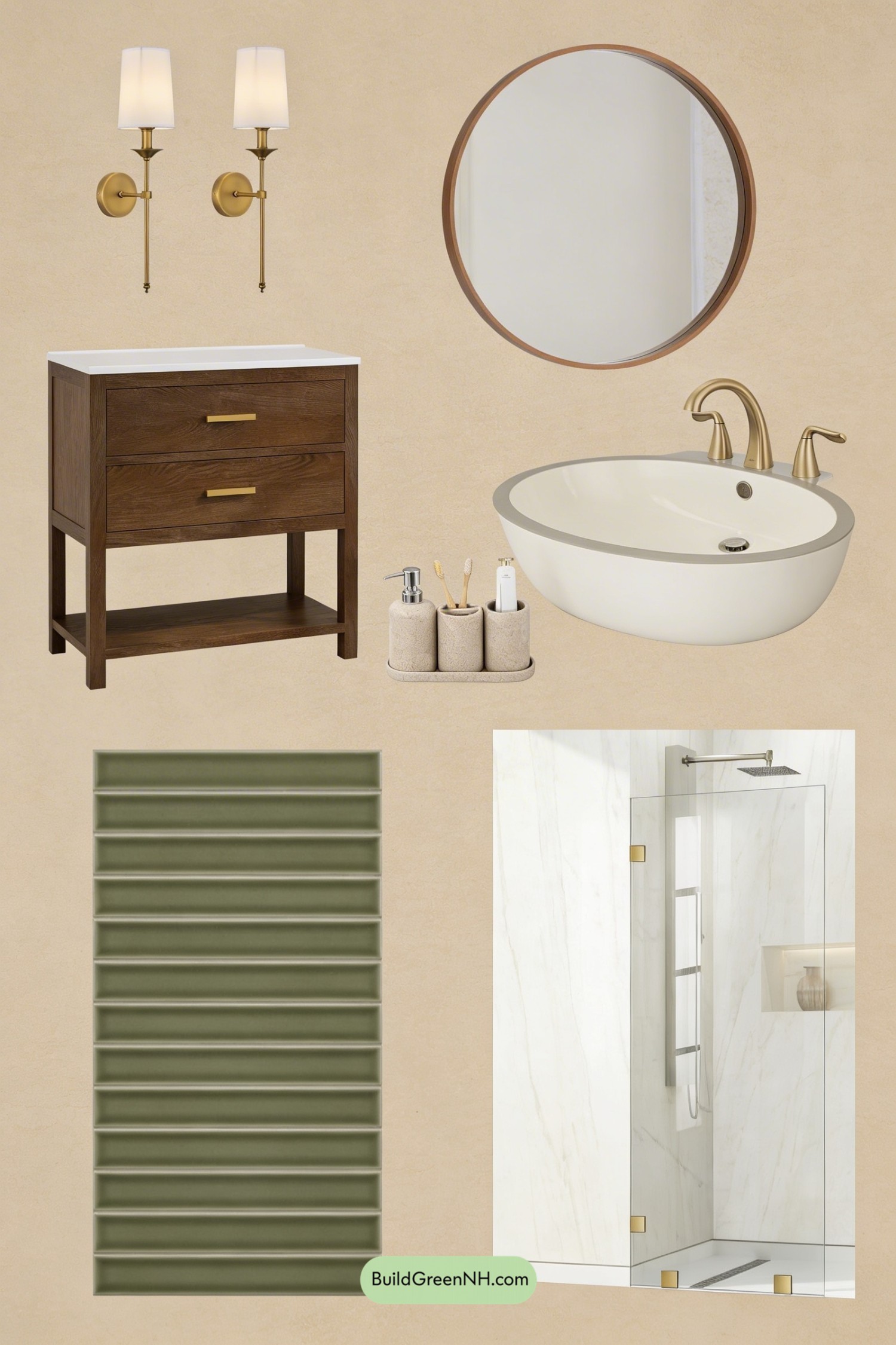 Moodboard for Olive Tile, Walnut Vanity, Pure Calm