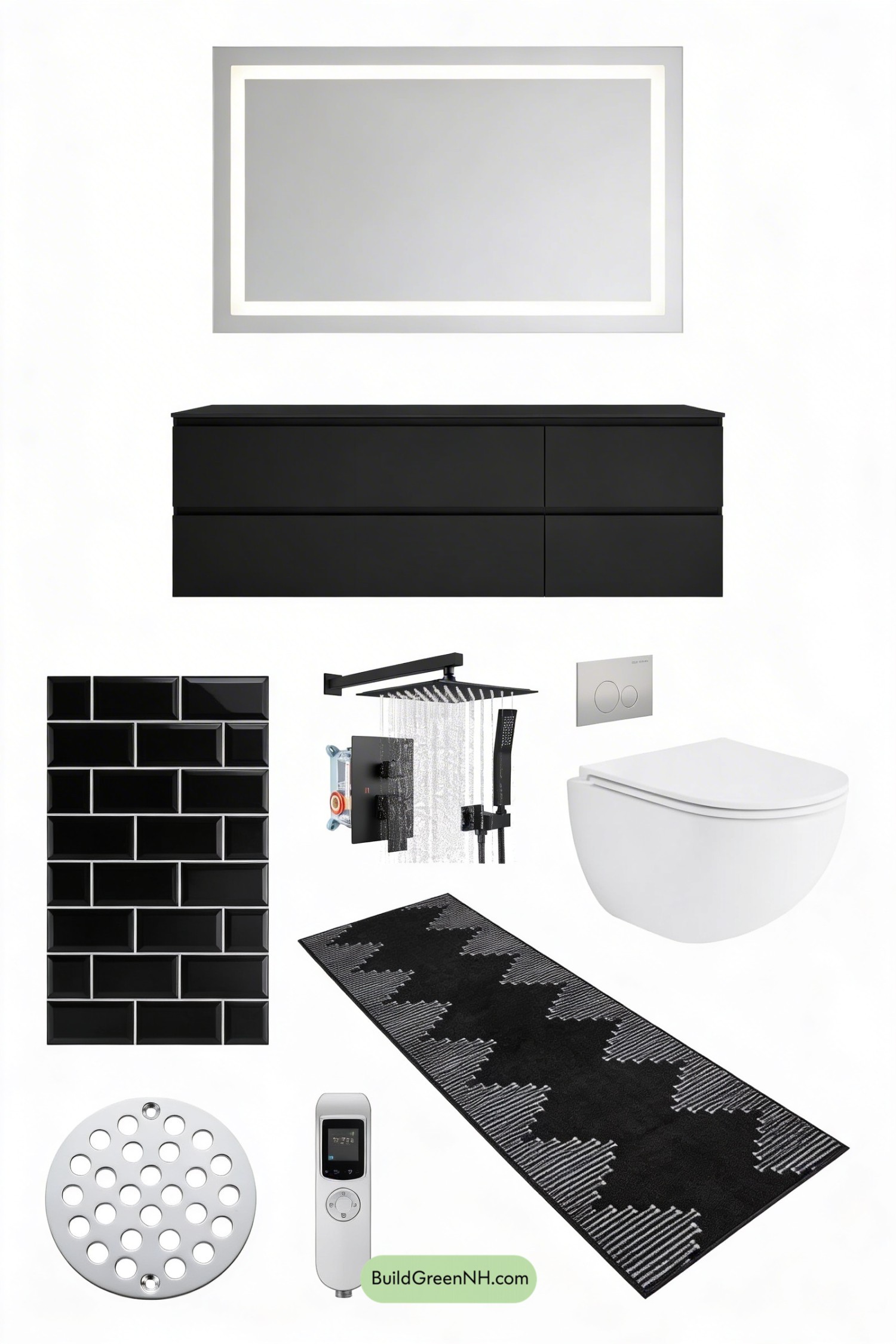 Moodboard for Midnight Metro Bathroom with Neon Glow